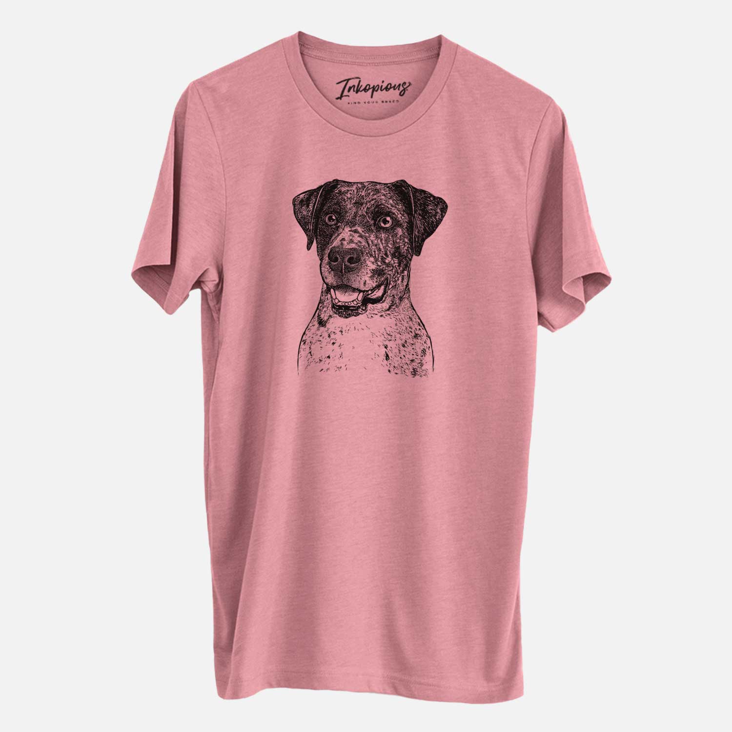 Hand-drawn sketch of Argos the Catahoula on a Mauve Unisex crewneck
