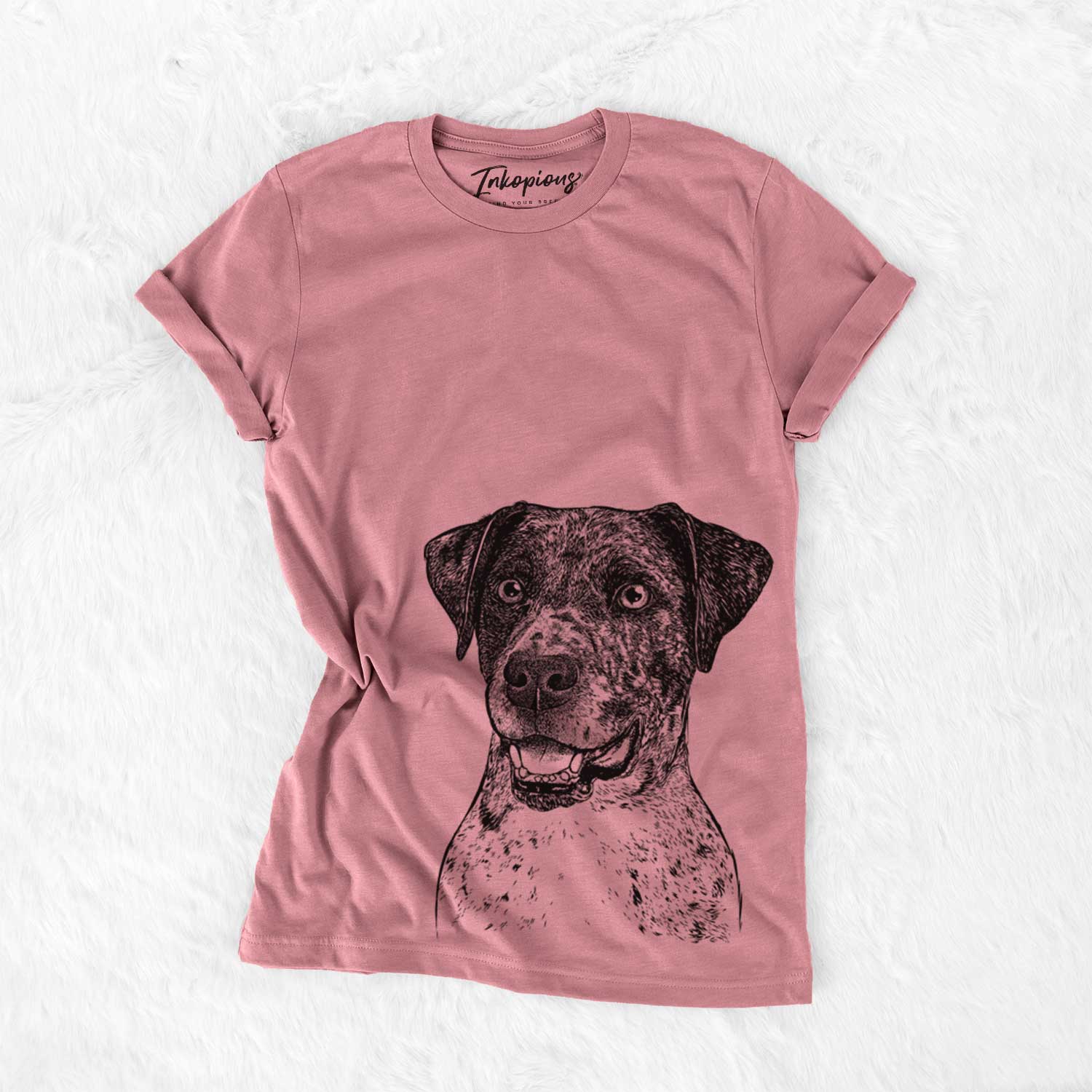 Hand-drawn sketch of Argos the Catahoula on a Mauve Unisex crewneck