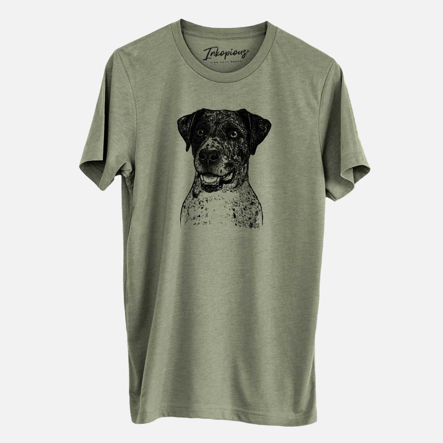 Hand-drawn sketch of Argos the Catahoula on an Olive Unisex crewneck