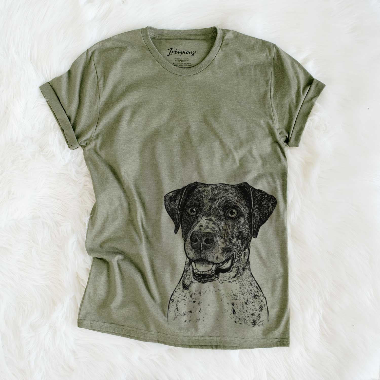 Hand-drawn sketch of Argos the Catahoula on an Olive Unisex crewneck