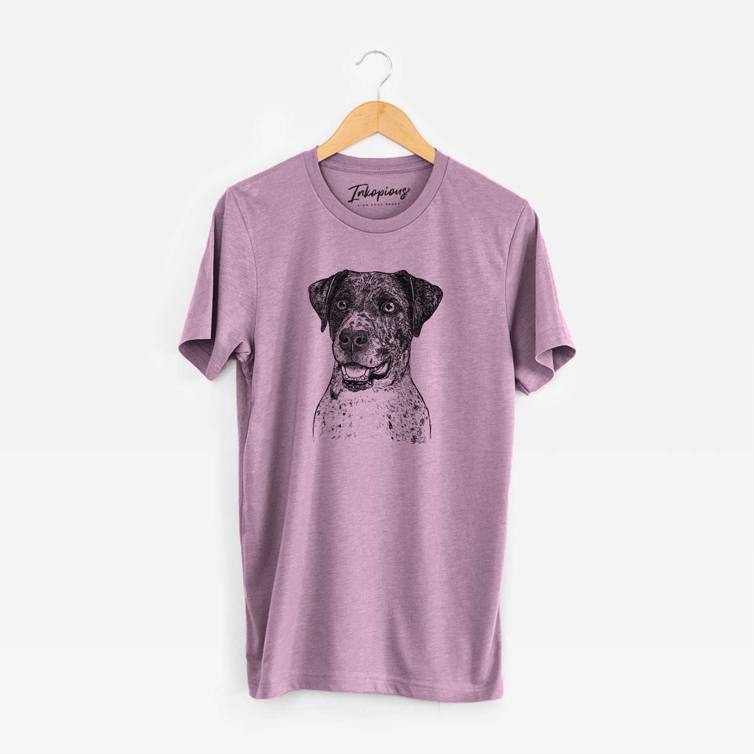 Hand-drawn sketch of Argos the Catahoula on an Orchid Unisex crewneck