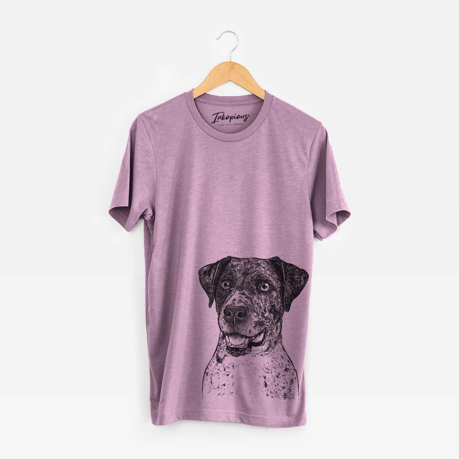 Hand-drawn sketch of Argos the Catahoula on an Orchid Unisex crewneck