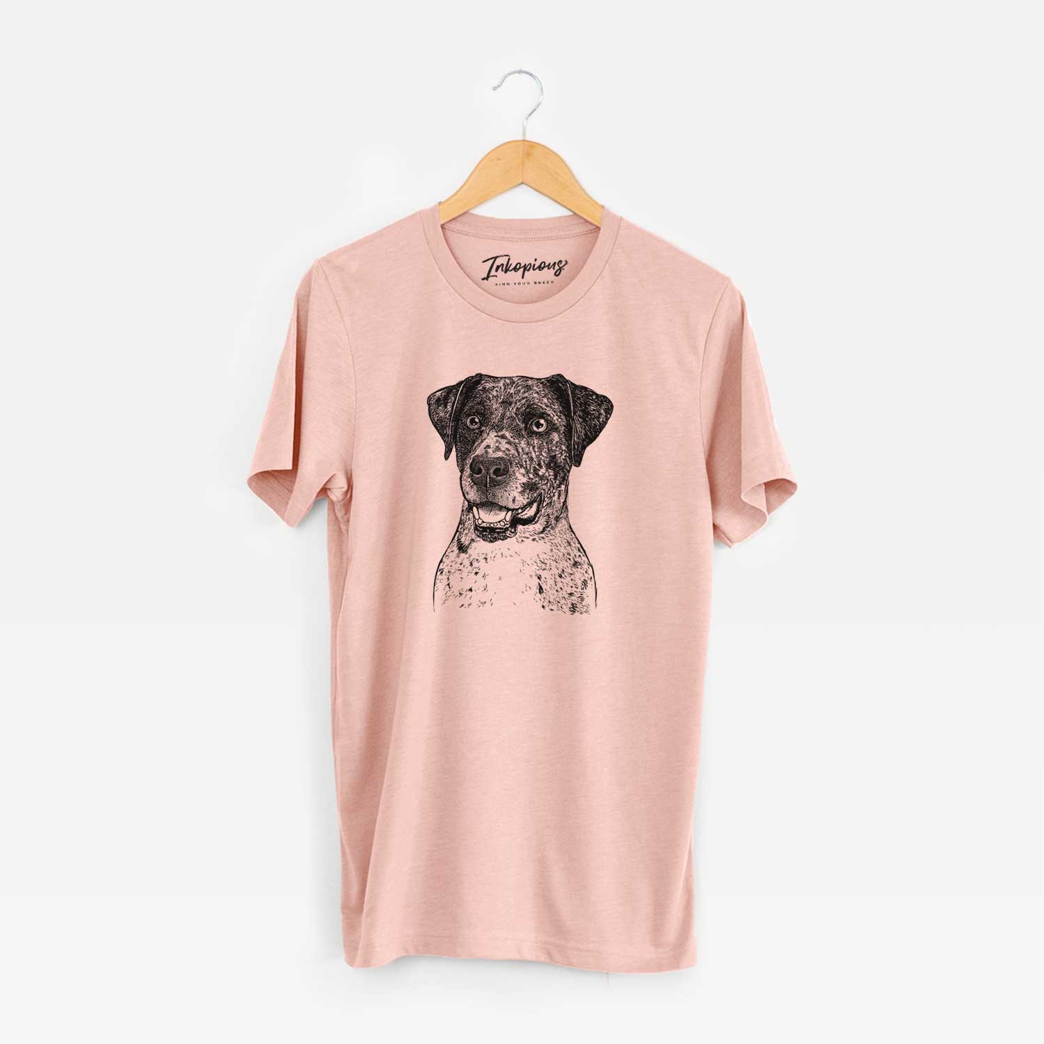 Hand-drawn sketch of Argos the Catahoula on a Peach Unisex crewneck