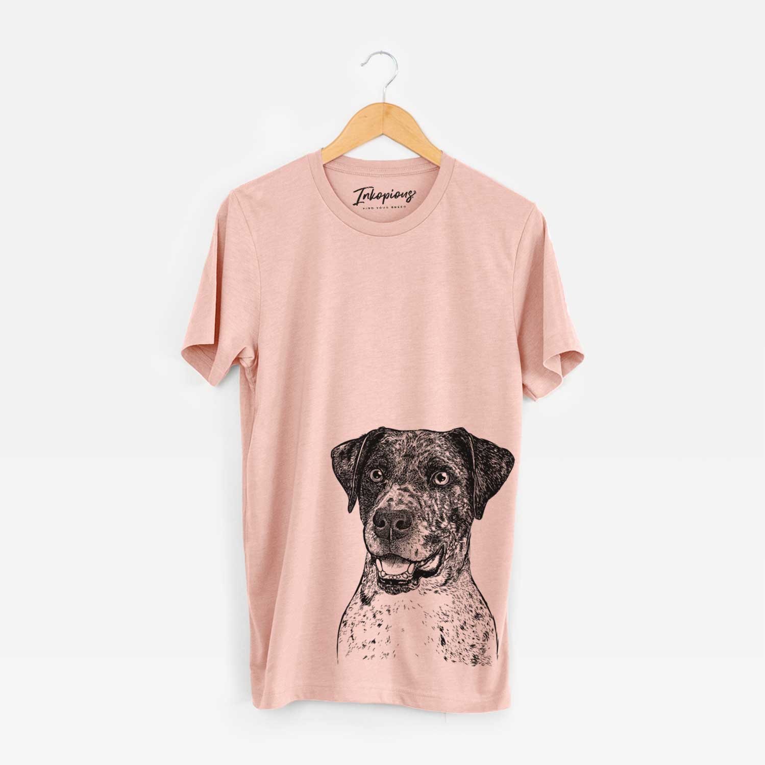Hand-drawn sketch of Argos the Catahoula on a Peach Unisex crewneck