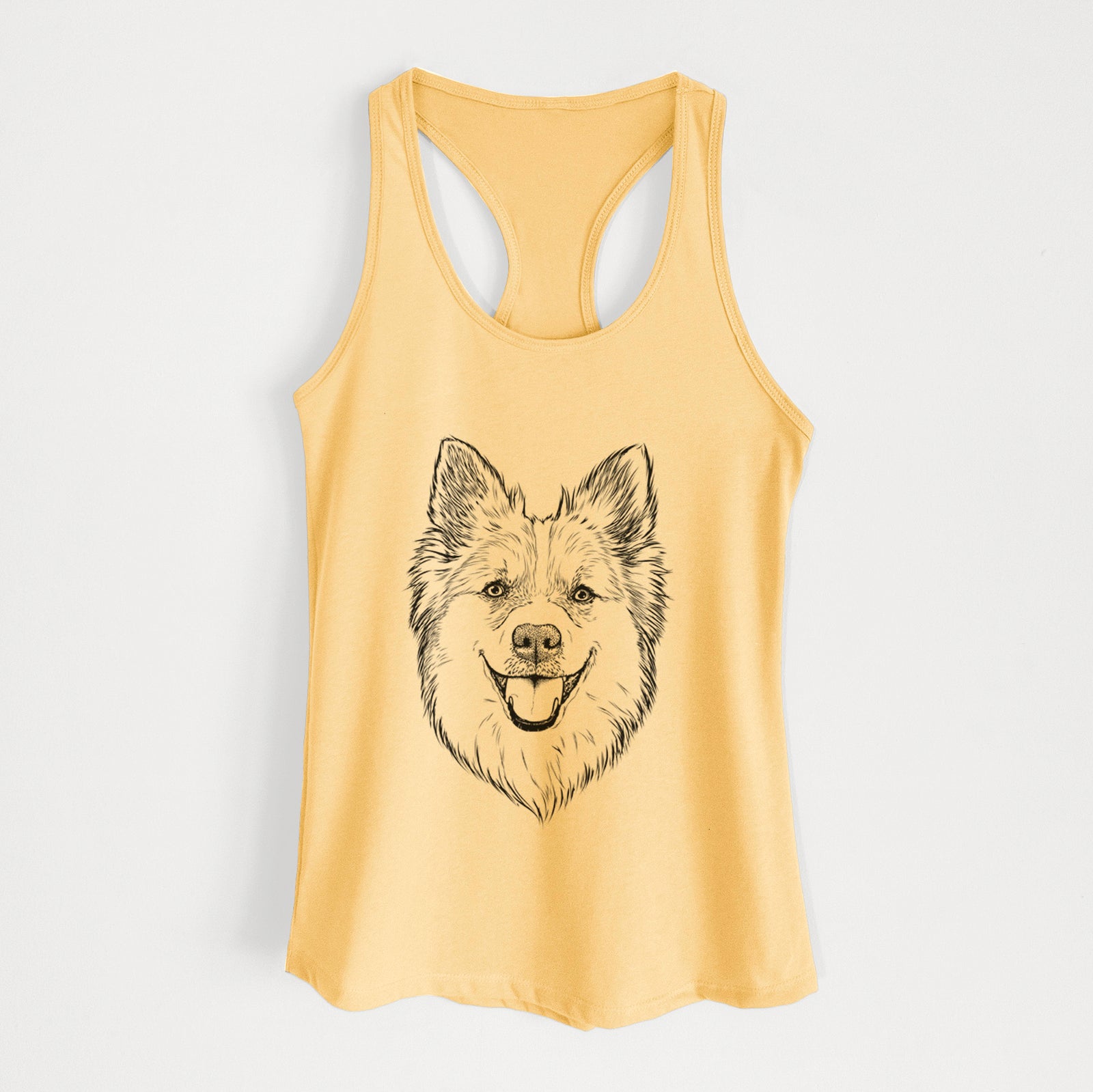Hand-drawn sketch of Ari the Icelandic Sheepdog on a Banana Cream Women's racerback tanktop