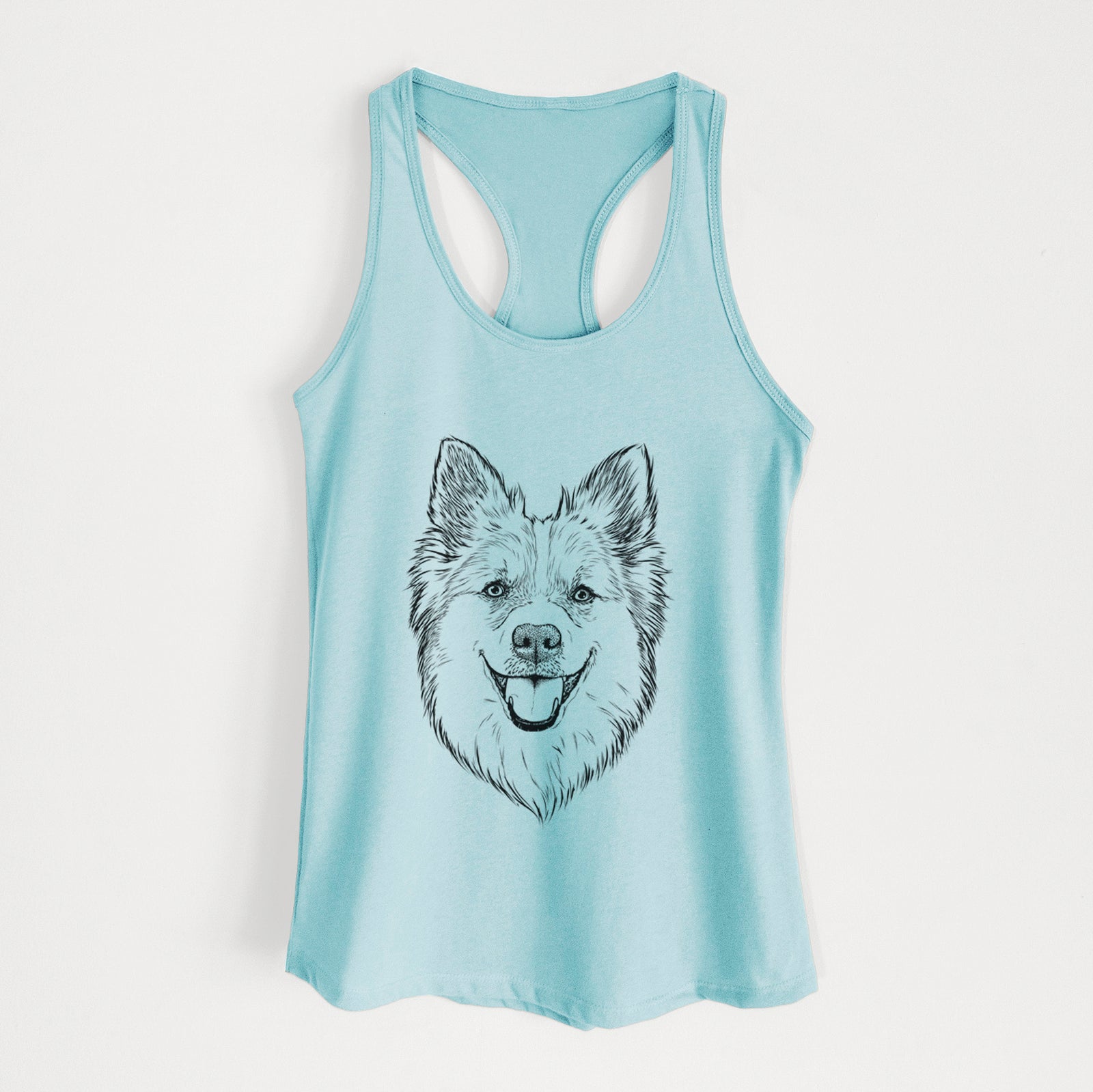 Hand-drawn sketch of Ari the Icelandic Sheepdog on a Cancun Blue Women's racerback tanktop