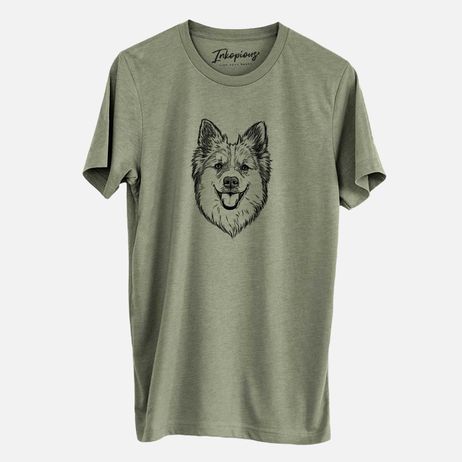 Hand-drawn sketch of Ari the Icelandic Sheepdog on an Olive Unisex crewneck