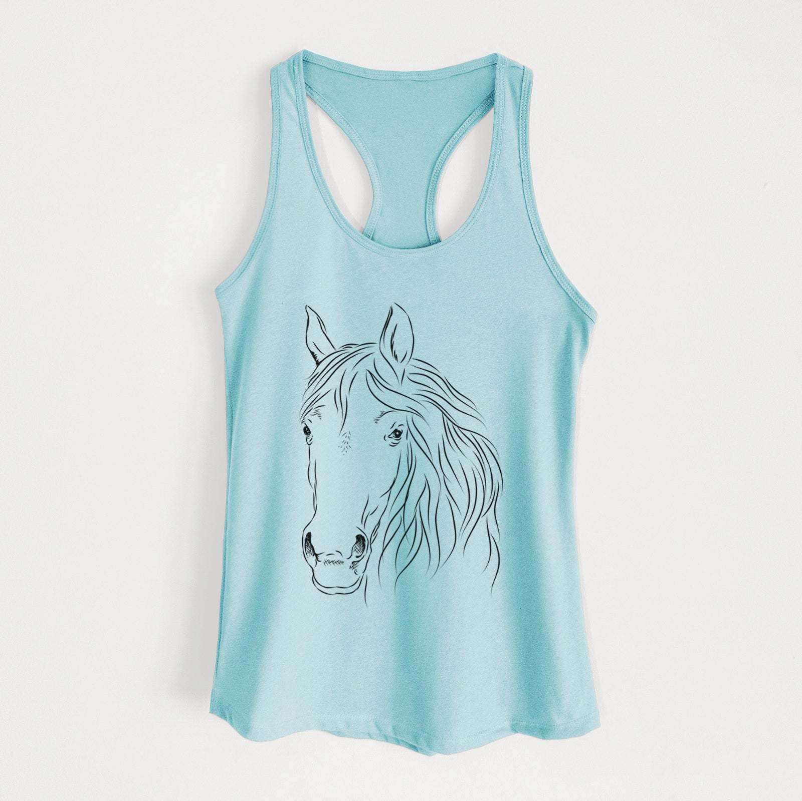 Hand-drawn sketch of Aria the Horse on a Cancun Blue Women's racerback tanktop
