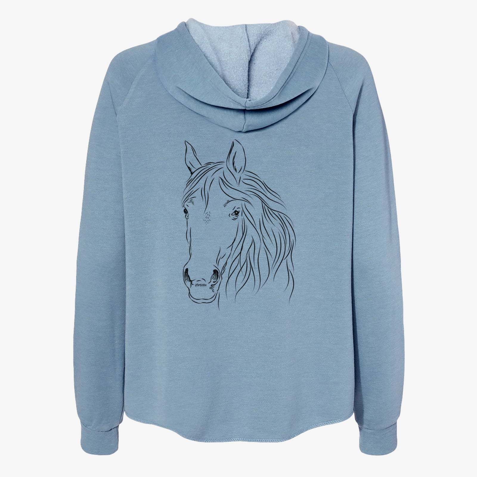 Hand-drawn sketch of Aria the Horse on a Misty Blue Women's cali wave zip-up sweatshirt