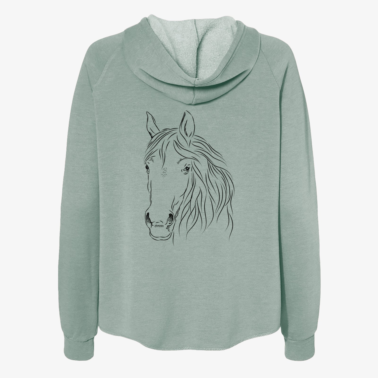 Hand-drawn sketch of Aria the Horse on a Sage Women's cali wave zip-up sweatshirt