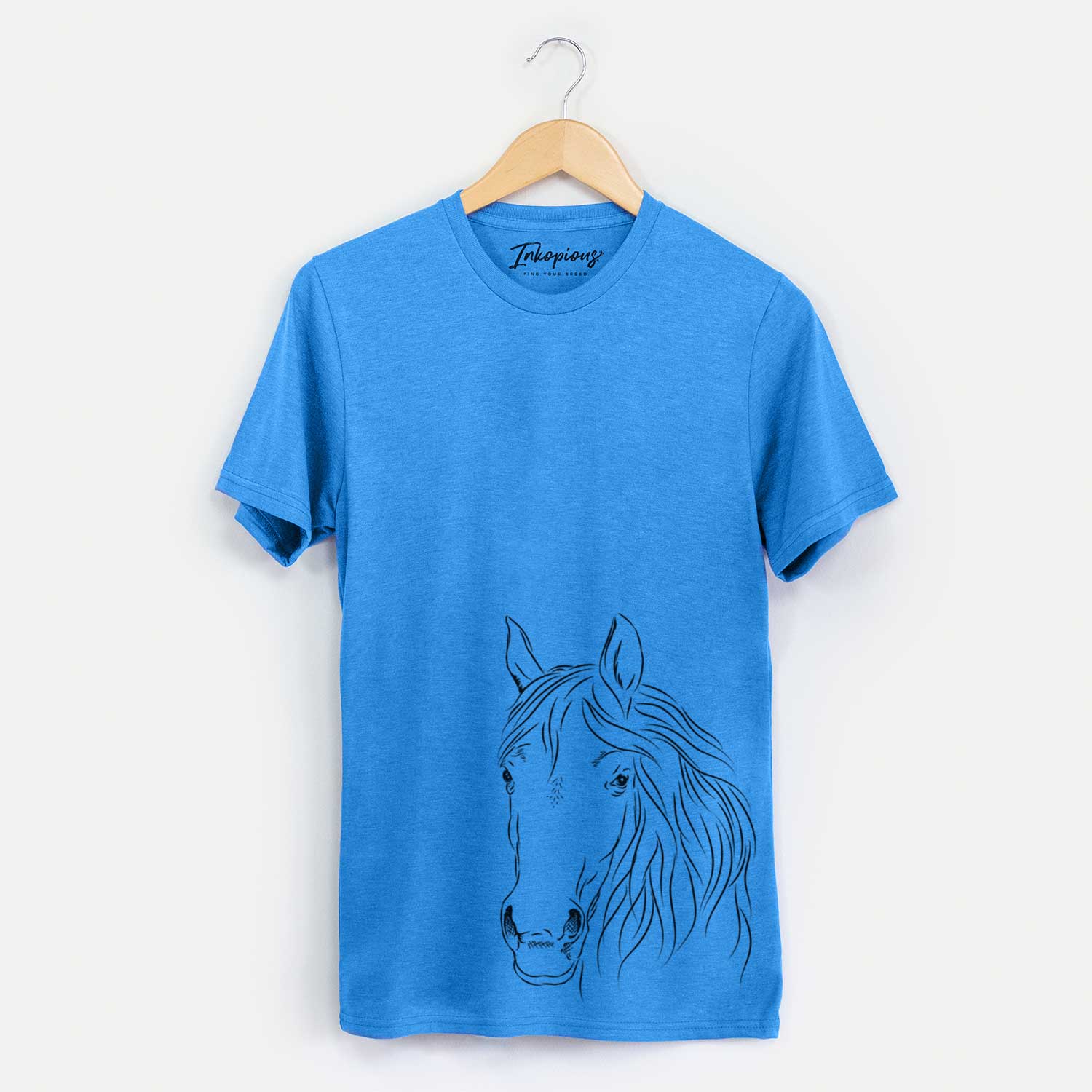 Hand-drawn sketch of Aria the Horse on a Blue Unisex crewneck