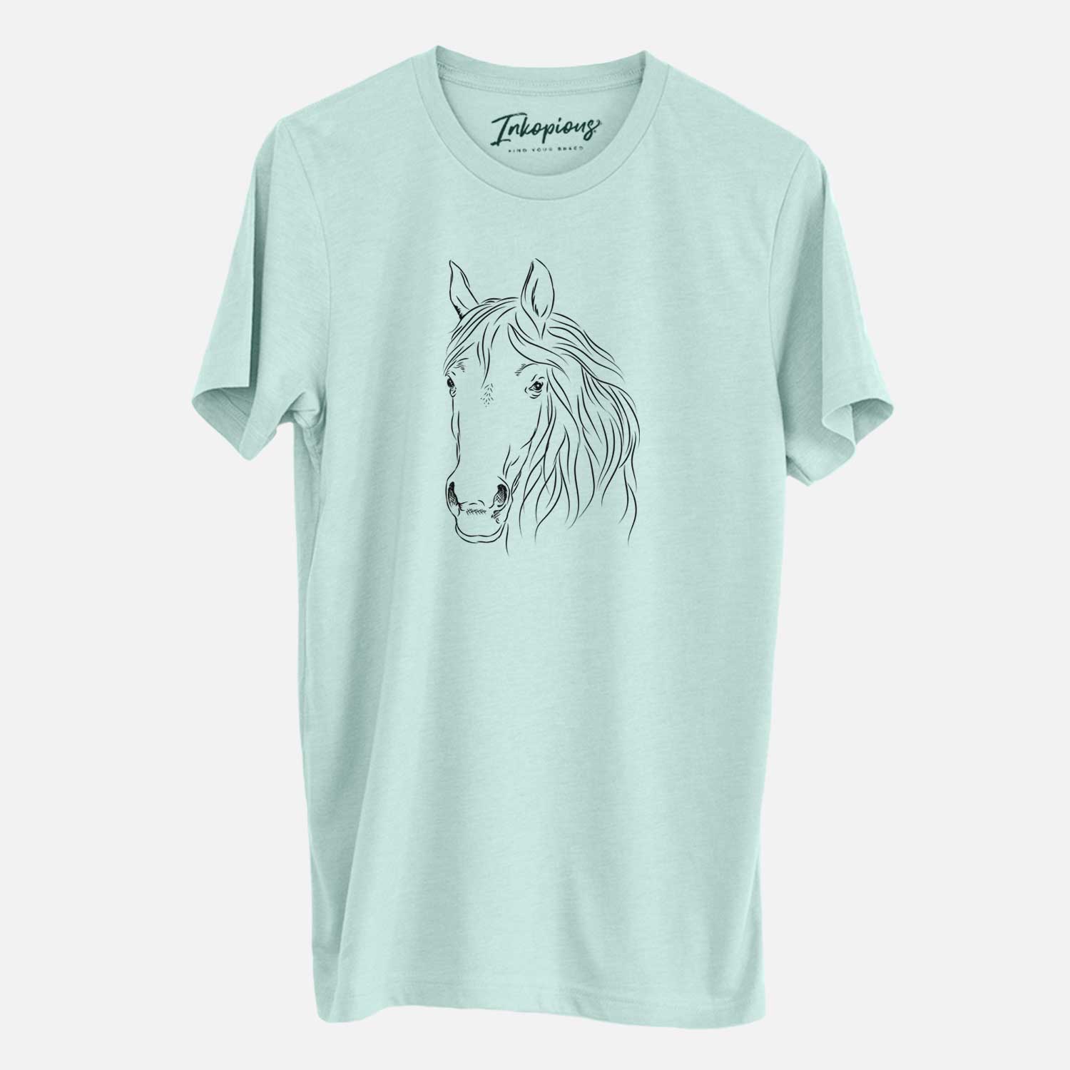 Hand-drawn sketch of Aria the Horse on a Heather Sage Unisex crewneck