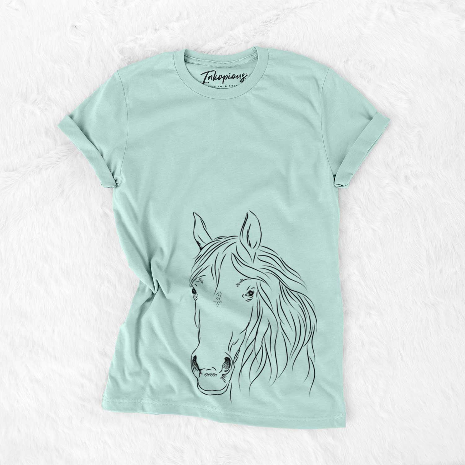 Hand-drawn sketch of Aria the Horse on a Heather Sage Unisex crewneck