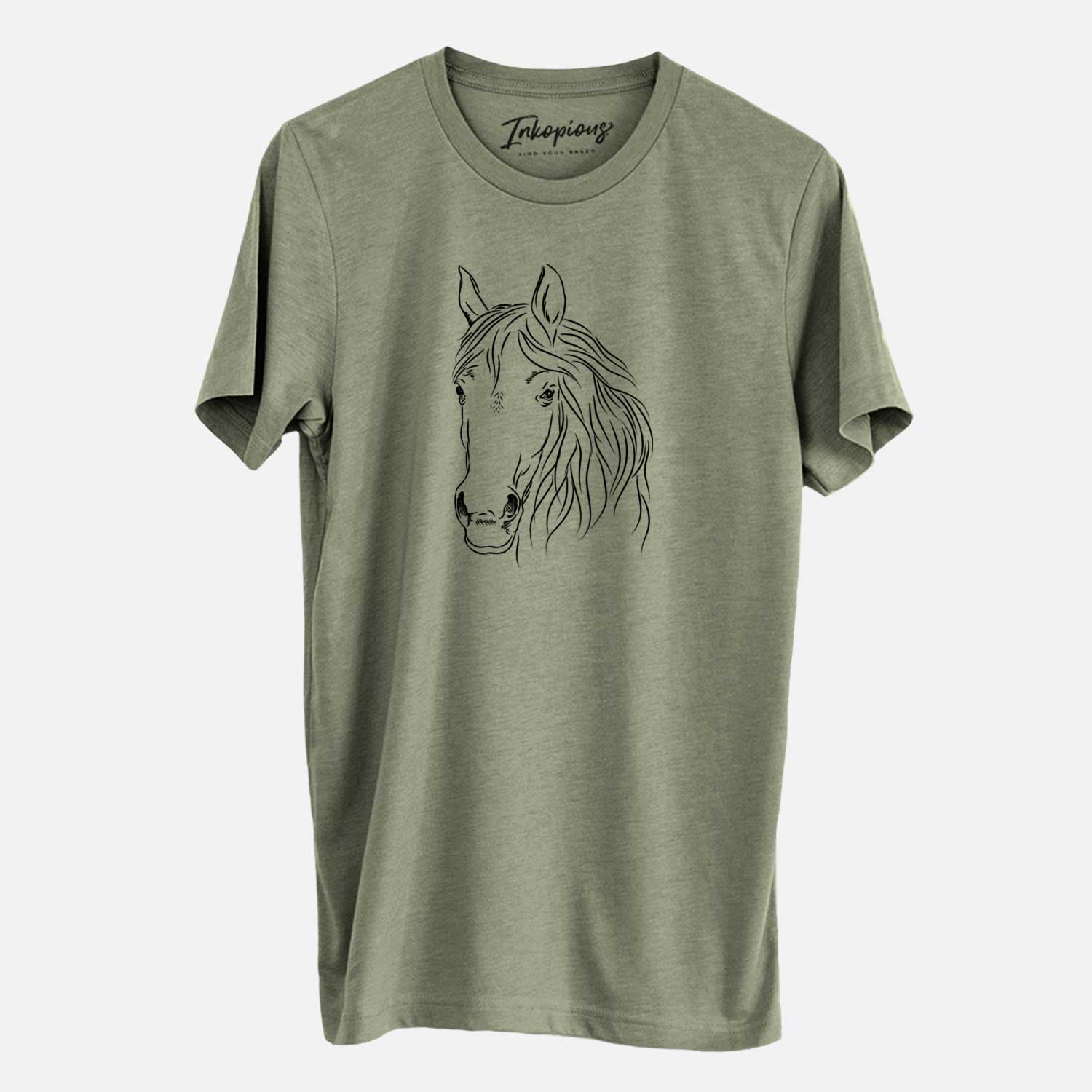 Hand-drawn sketch of Aria the Horse on an Olive Unisex crewneck