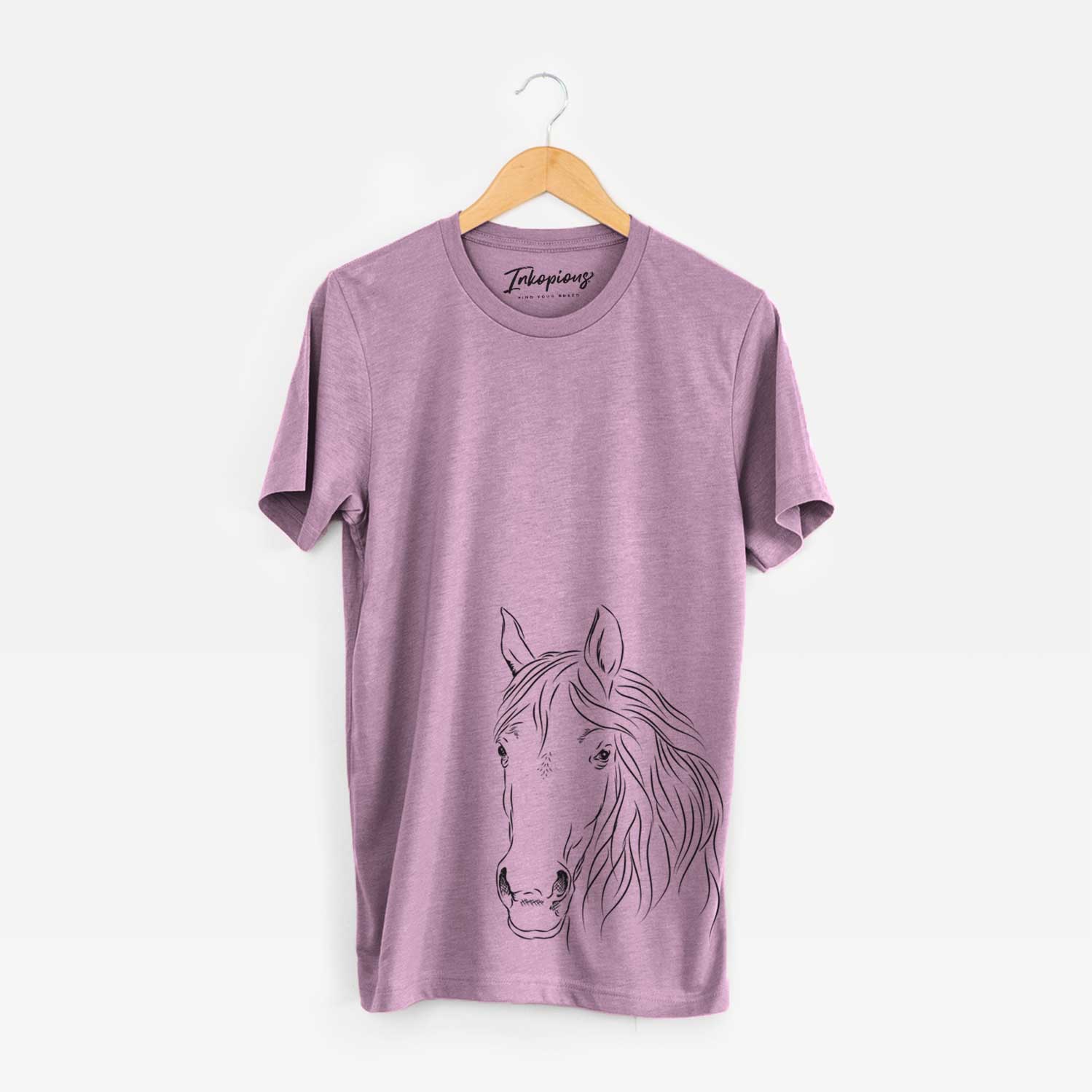 Hand-drawn sketch of Aria the Horse on an Orchid Bella Canvas Unisex Crewneck