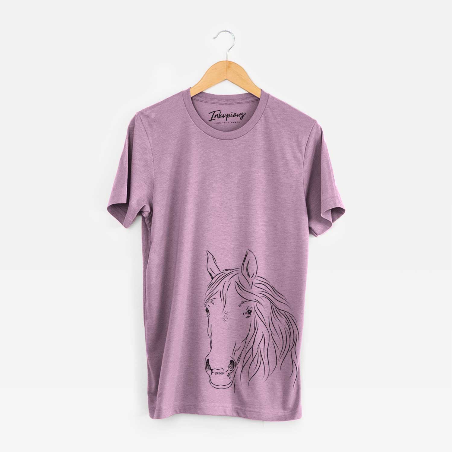 Hand-drawn sketch of Aria the Horse on an Orchid Unisex crewneck