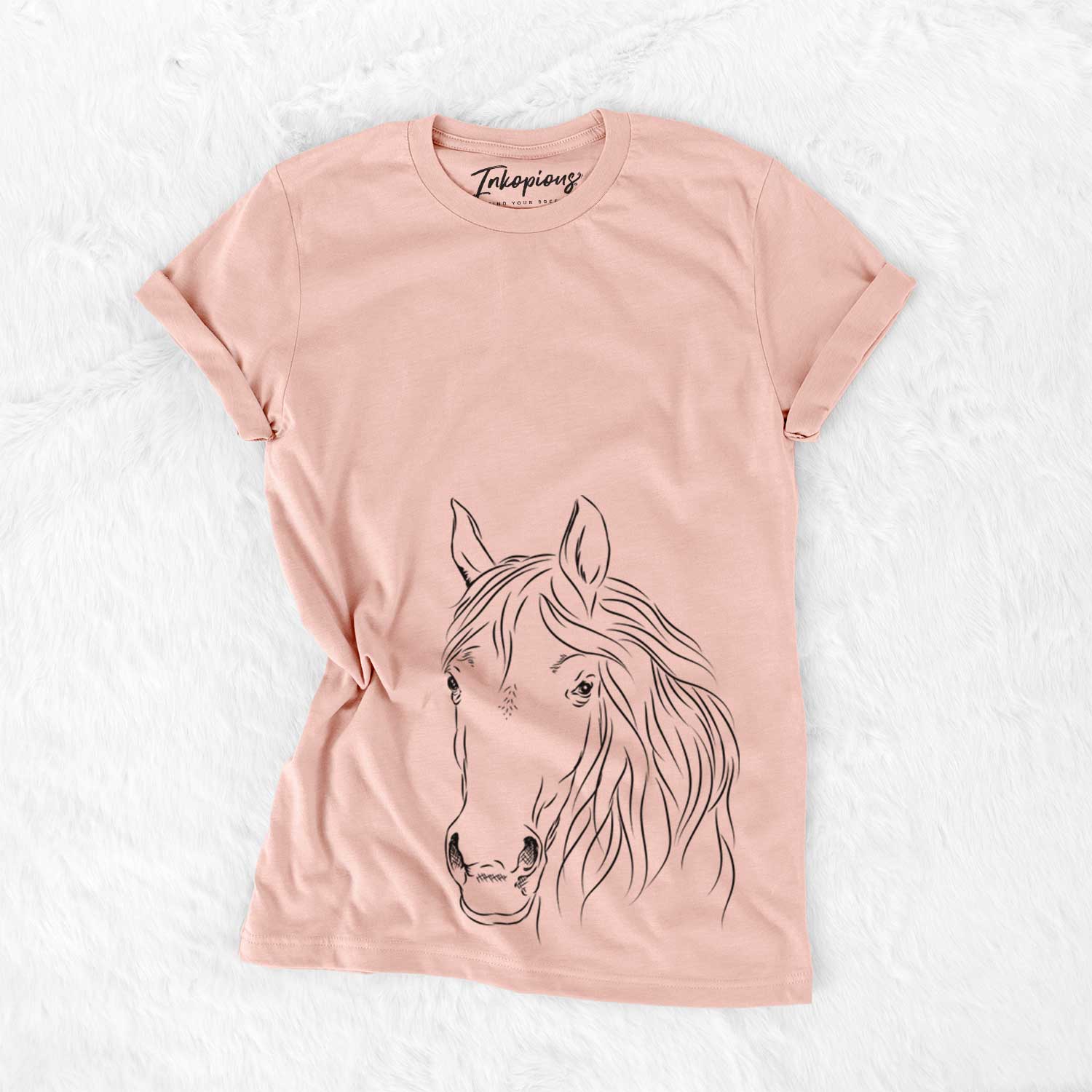 Hand-drawn sketch of Aria the Horse on a Peach Bella Canvas Unisex Crewneck