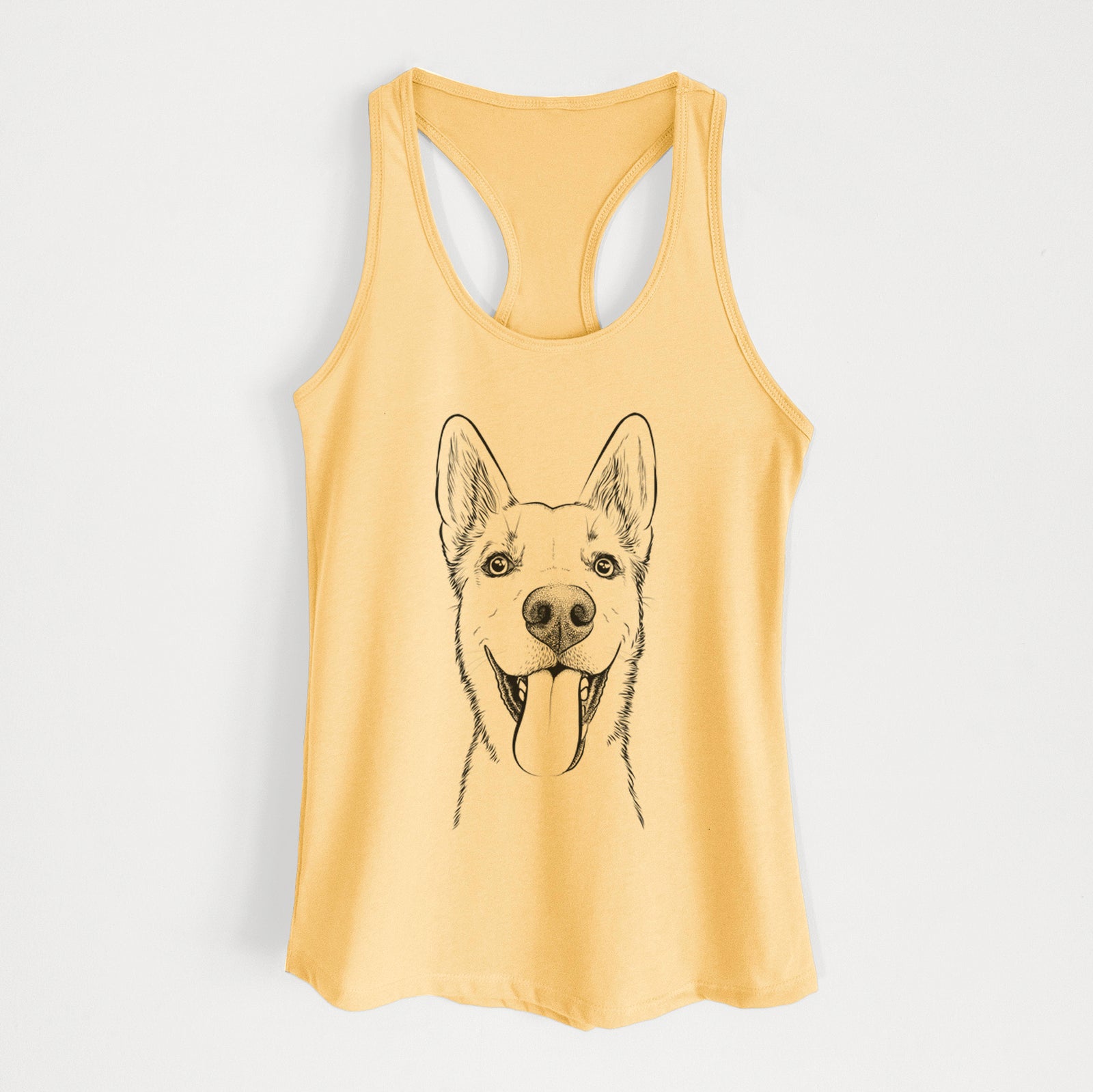 Hand-drawn sketch of Arlo the Husky Shepherd Mix on a Banana Cream Women's racerback tanktop