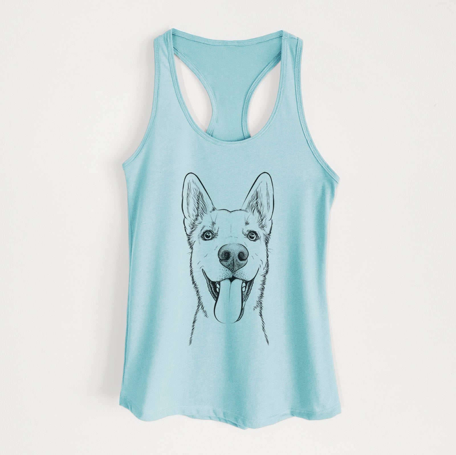 Hand-drawn sketch of Arlo the Husky Shepherd Mix on a Cancun Blue Women's racerback tanktop