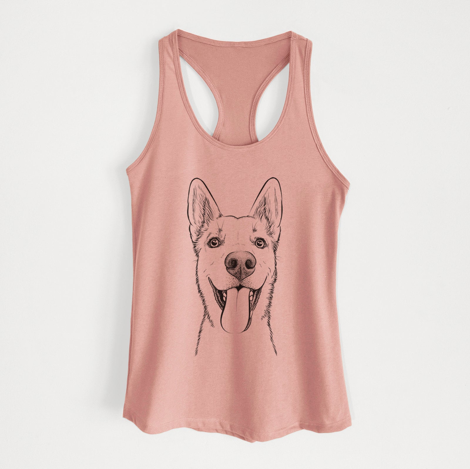 Hand-drawn sketch of Arlo the Husky Shepherd Mix on a Desert Pink Women's racerback tanktop