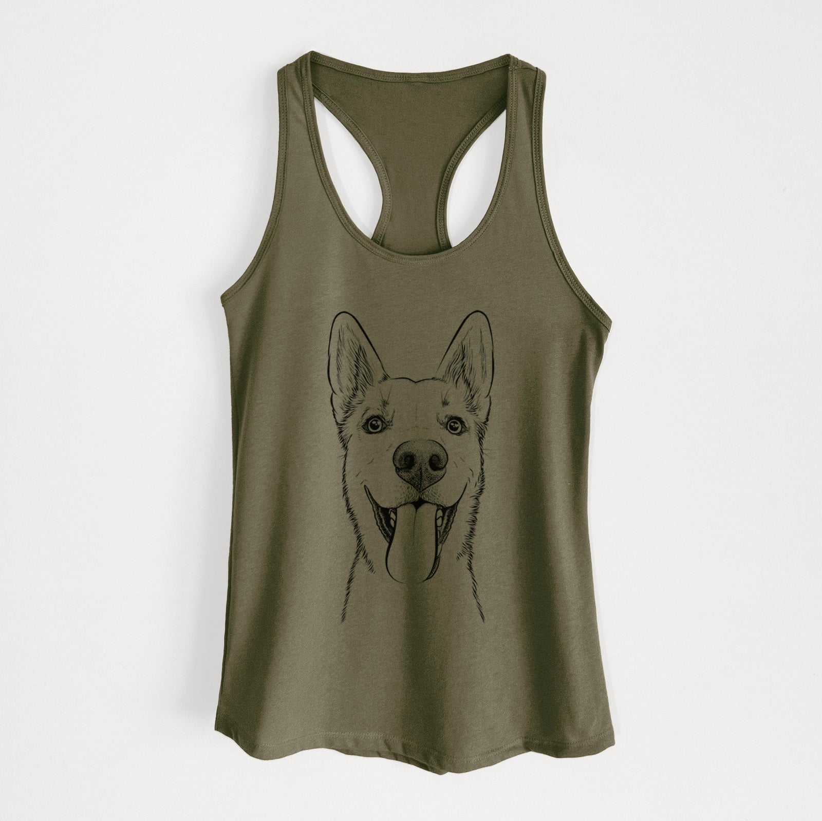 Hand-drawn sketch of Arlo the Husky Shepherd Mix on a Military Green Women's racerback tanktop