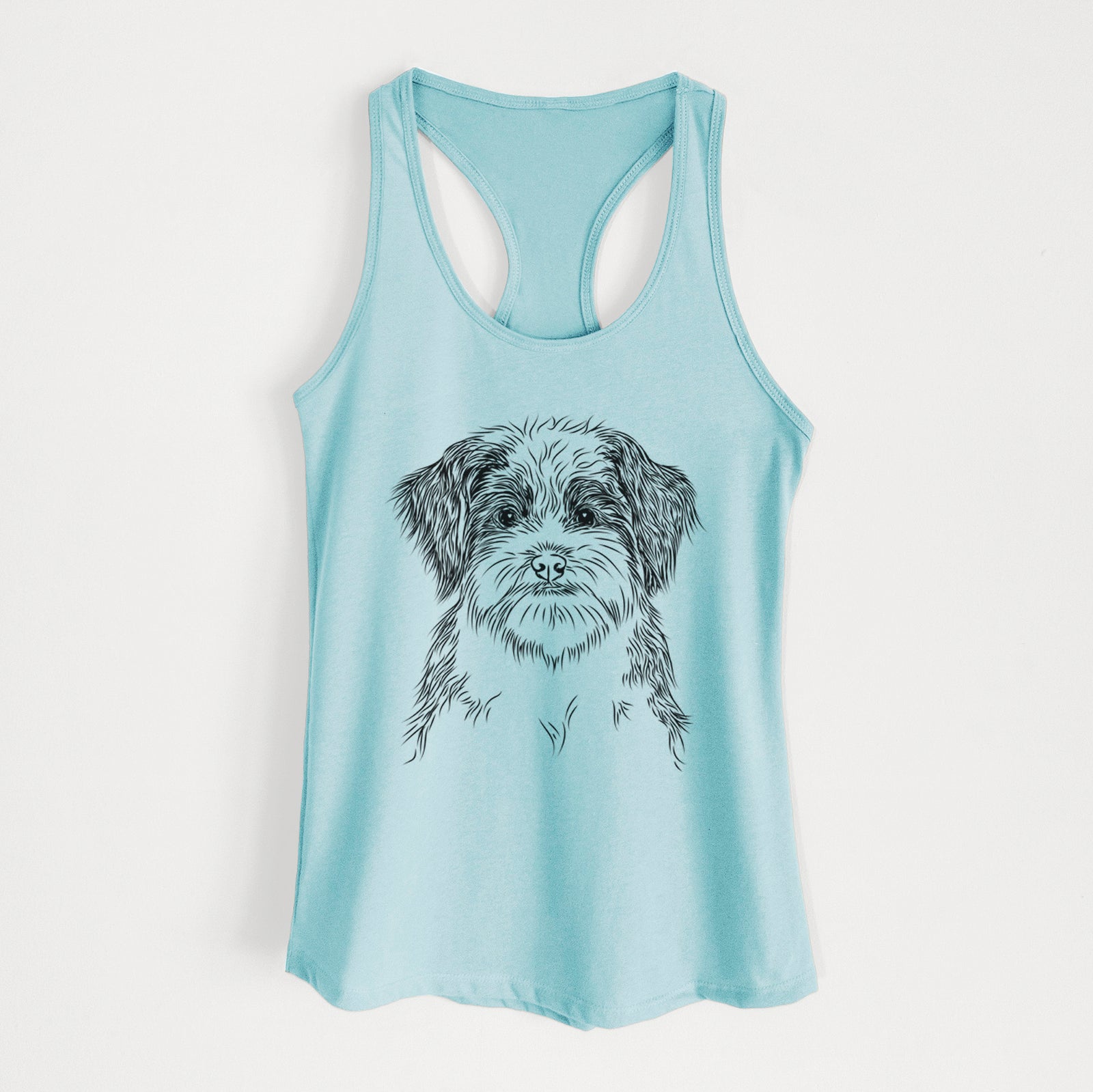 Hand-drawn sketch of Asa the Havanese on a Cancun Blue Women's racerback tanktop