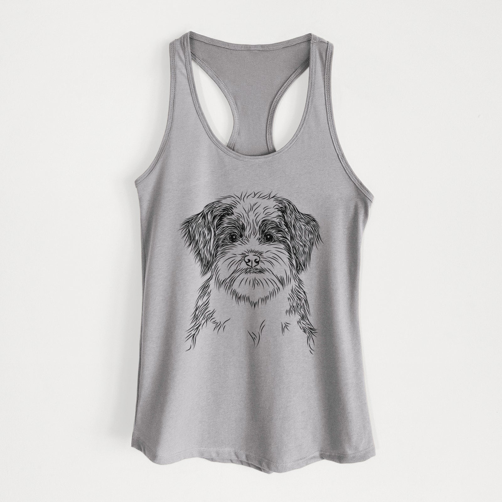 Hand-drawn sketch of Asa the Havanese on a Heather Grey Women's racerback tanktop