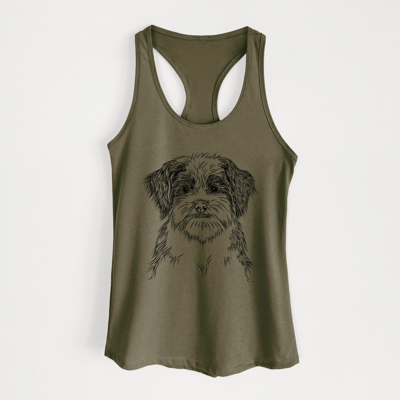 Hand-drawn sketch of Asa the Havanese on a Military Green Women's racerback tanktop