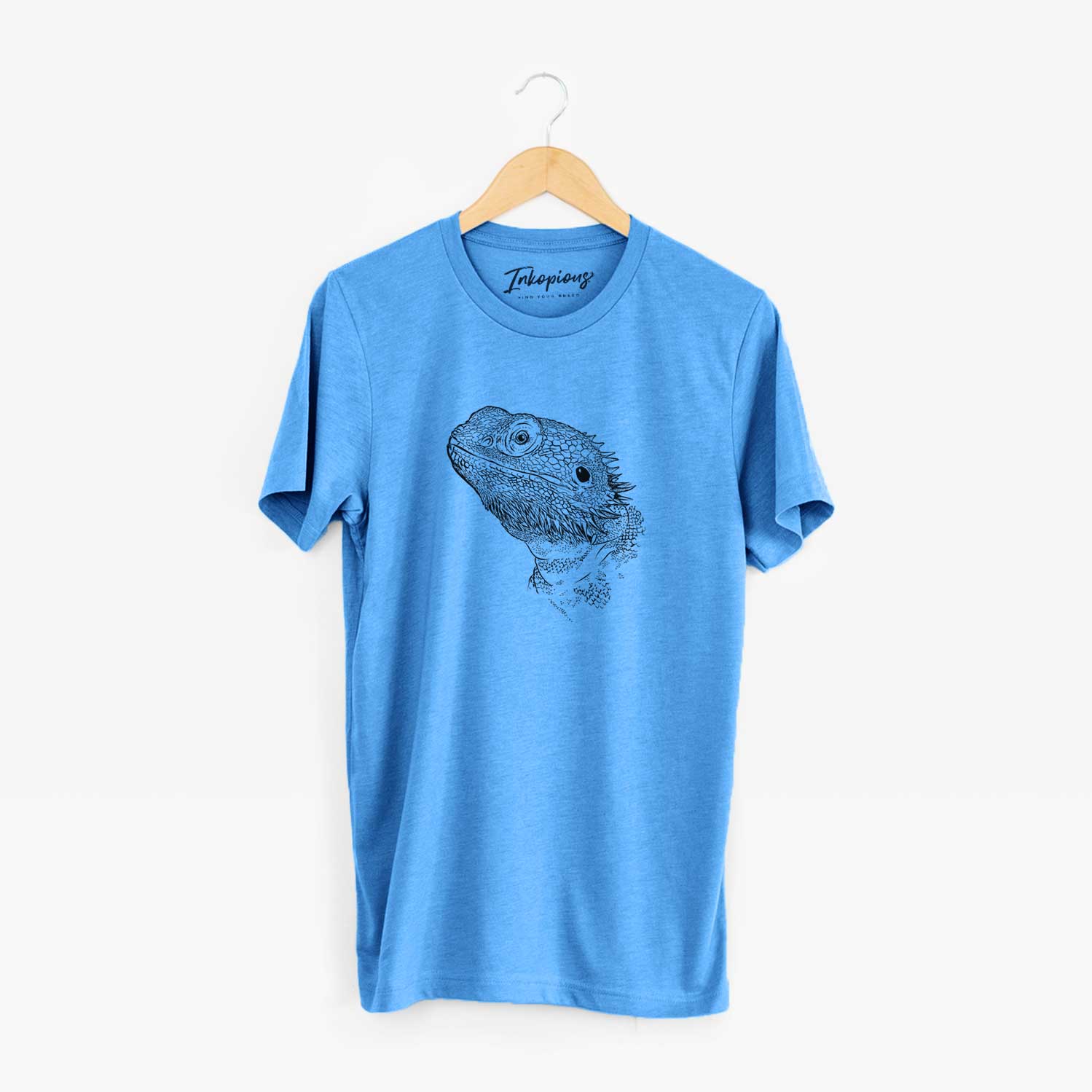 Hand-drawn sketch of Ash the Bearded Dragon on a Blue Unisex crewneck