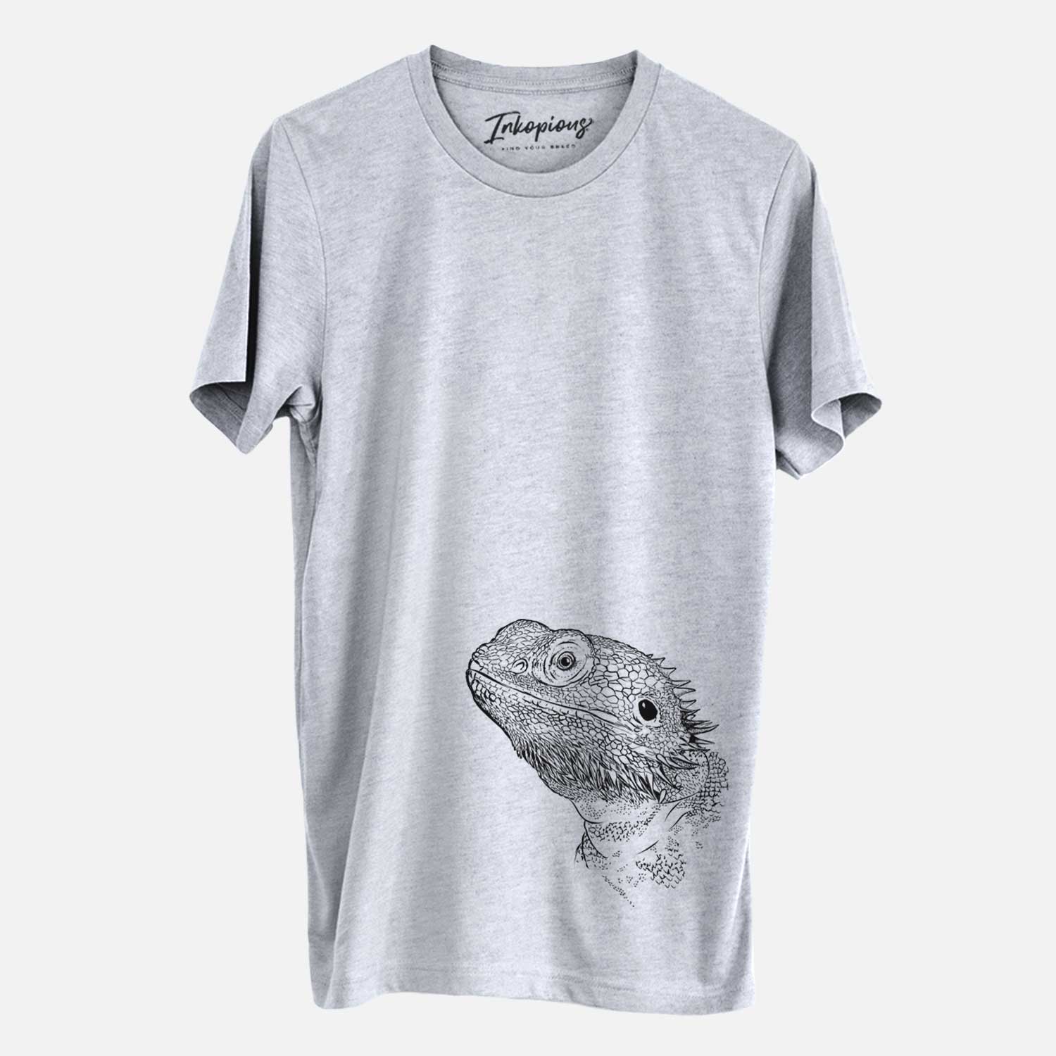Hand-drawn sketch of Ash the Bearded Dragon on a Grey Bella Canvas Unisex Crewneck
