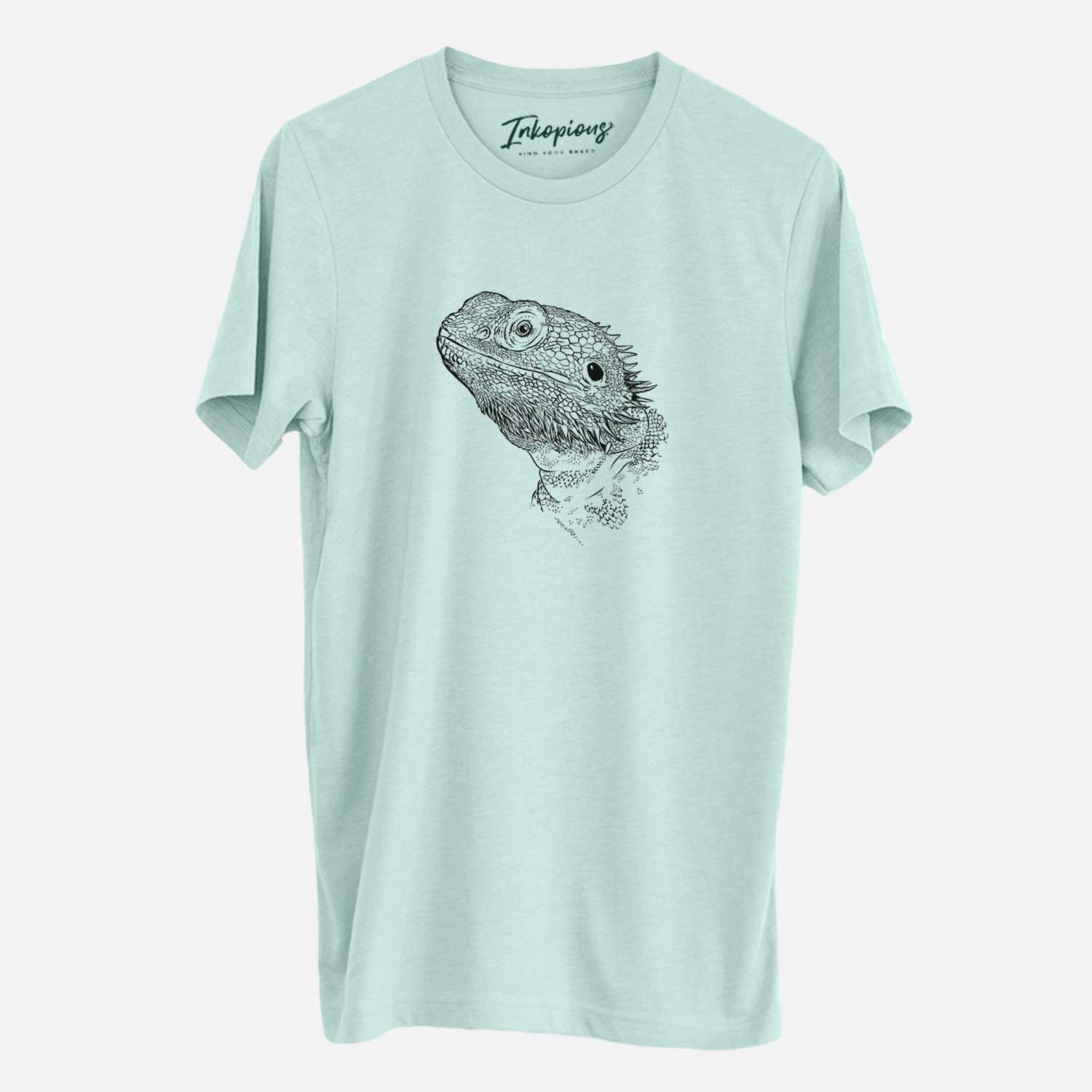 Hand-drawn sketch of Ash the Bearded Dragon on a Heather Sage Unisex crewneck