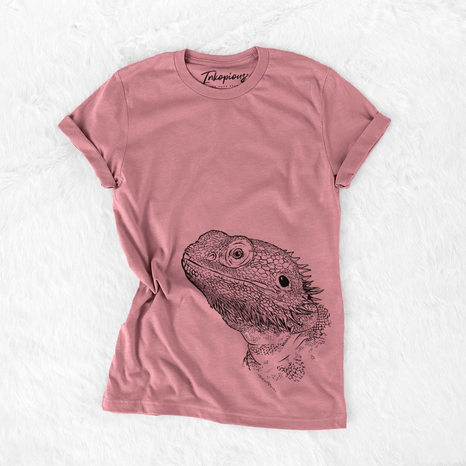 Hand-drawn sketch of Ash the Bearded Dragon on a Mauve Unisex crewneck