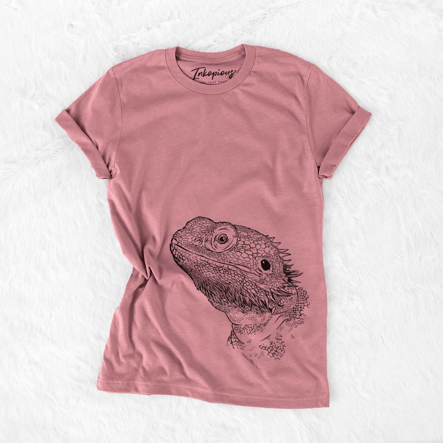 Hand-drawn sketch of Ash the Bearded Dragon on a Mauve Bella Canvas Unisex Crewneck