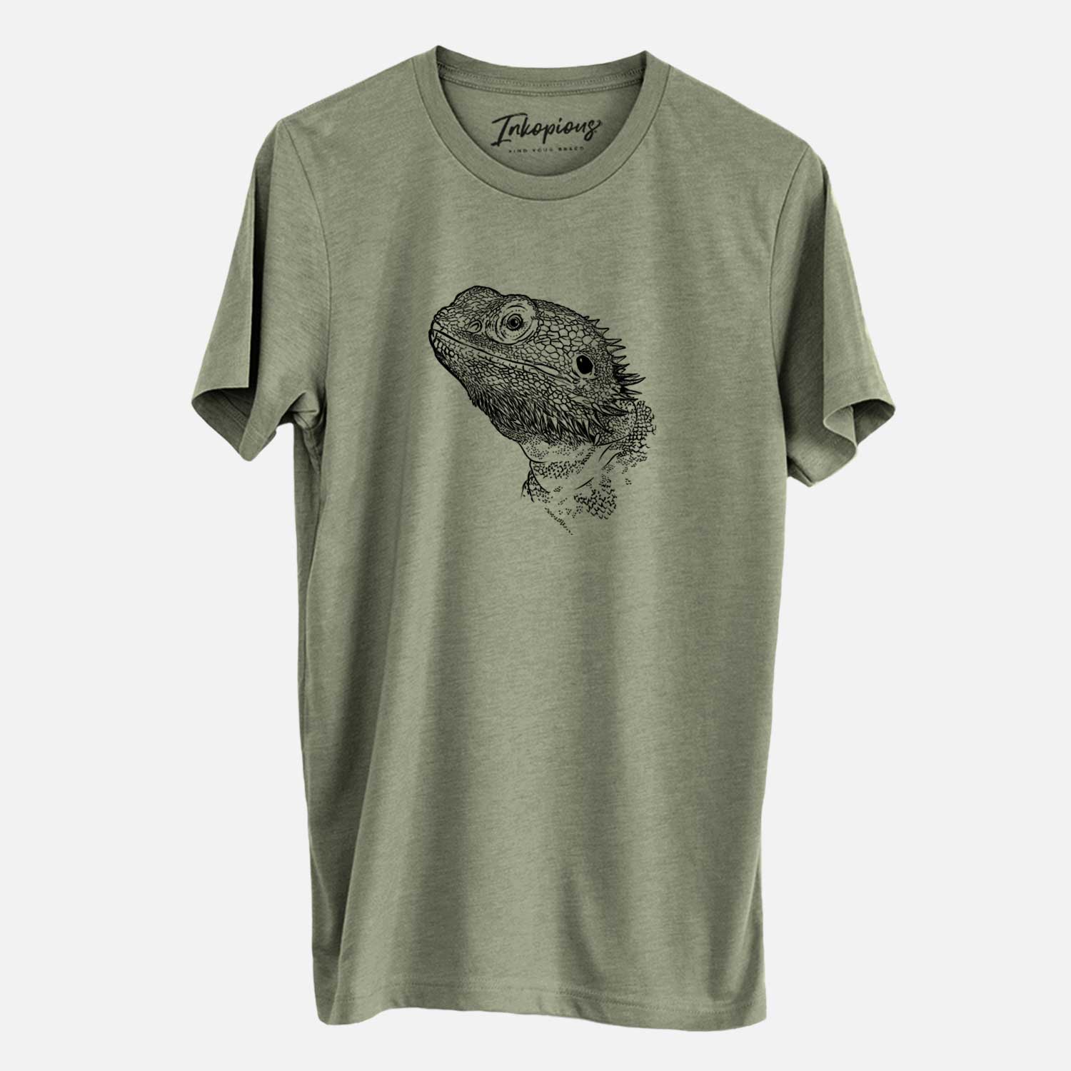 Hand-drawn sketch of Ash the Bearded Dragon on an Olive Unisex crewneck