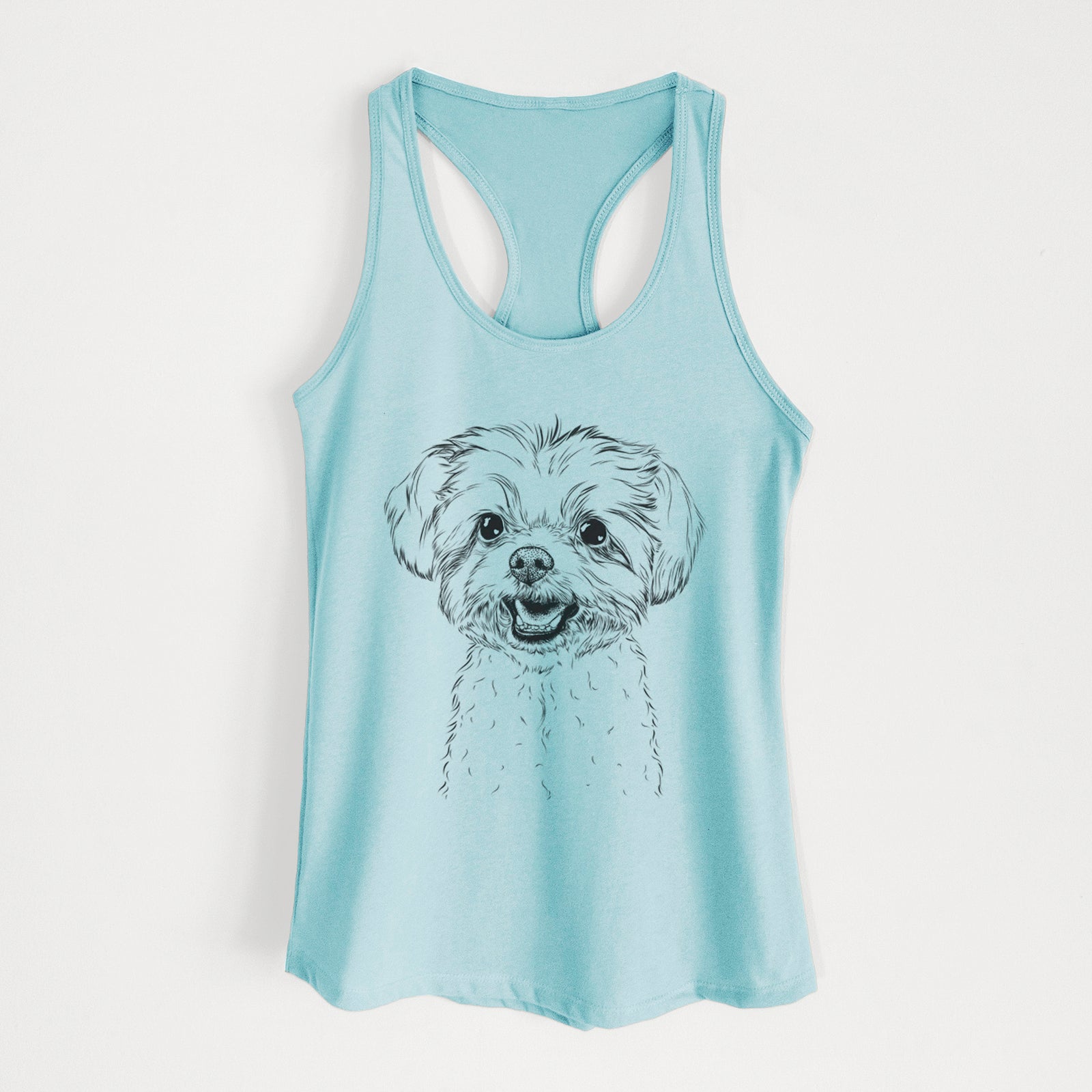 Hand-drawn sketch of Aspen the Morkie on a Cancun Blue Women's racerback tanktop