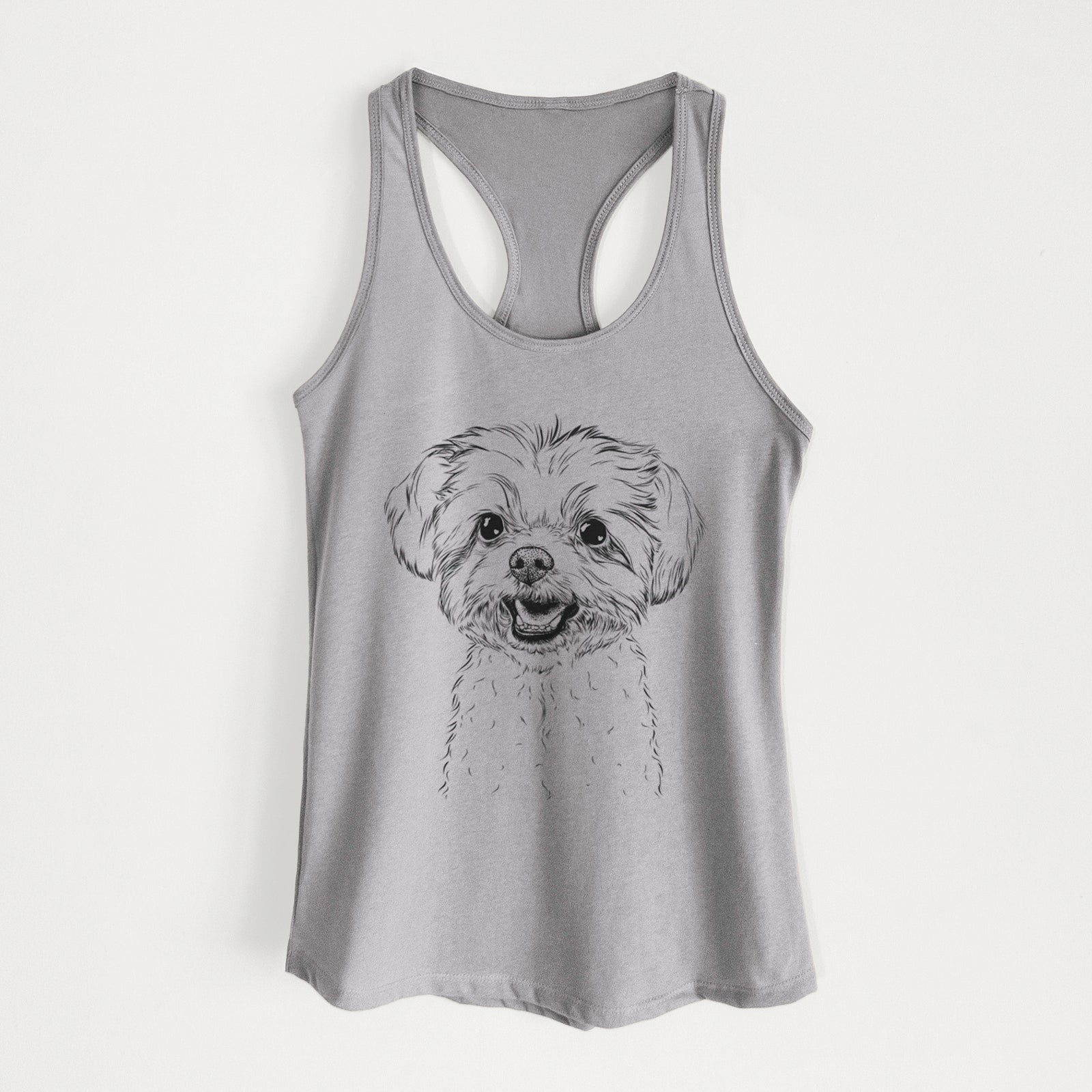 Hand-drawn sketch of Aspen the Morkie on a Heather Grey Women's racerback tanktop