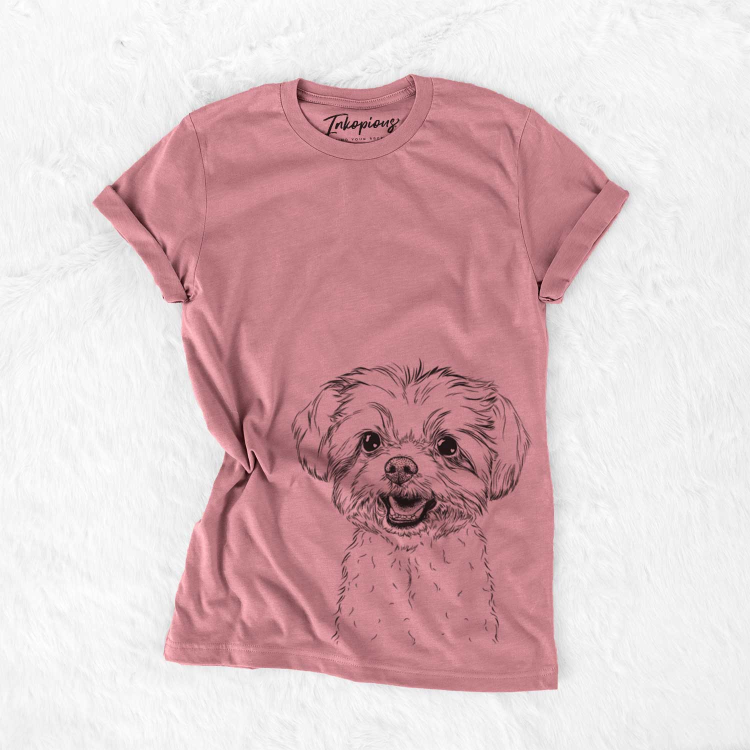 Hand-drawn sketch of Aspen the Morkie on a Mauve Unisex crewneck