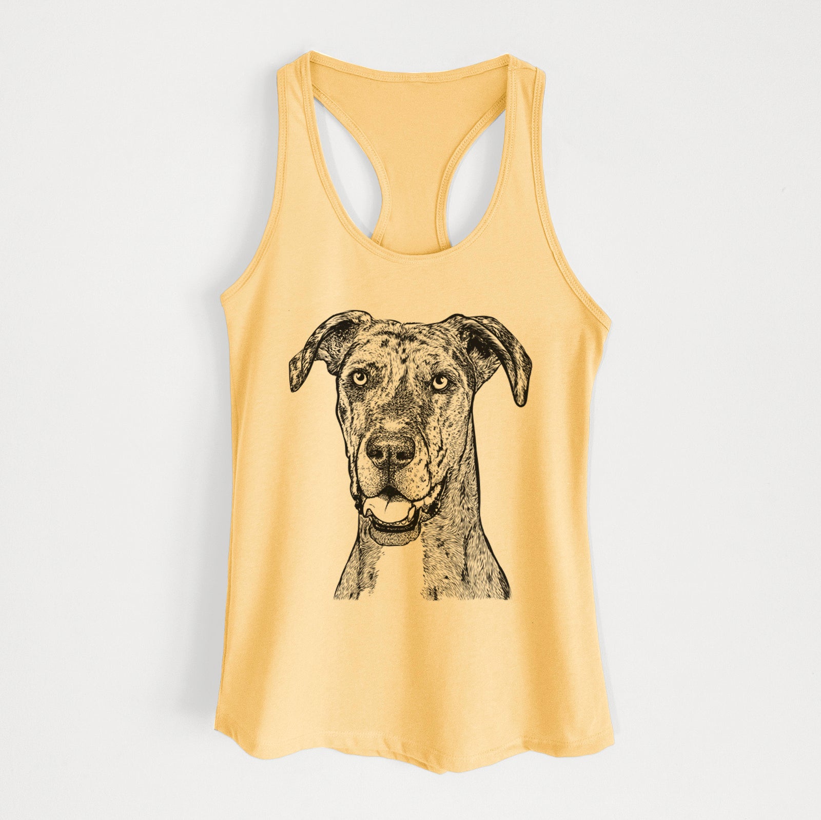 Hand-drawn sketch of Athena the Merle Great Dane on a Banana Cream Women's racerback tanktop