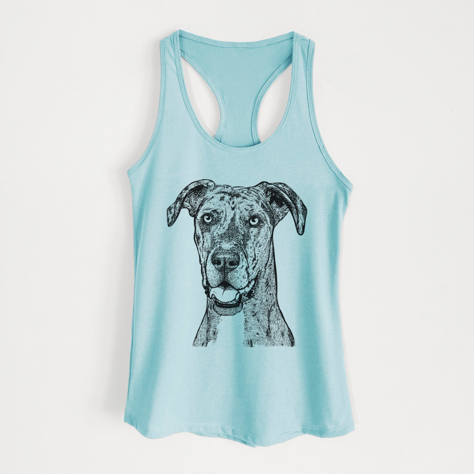 Hand-drawn sketch of Athena the Merle Great Dane on a Cancun Blue Women's racerback tanktop