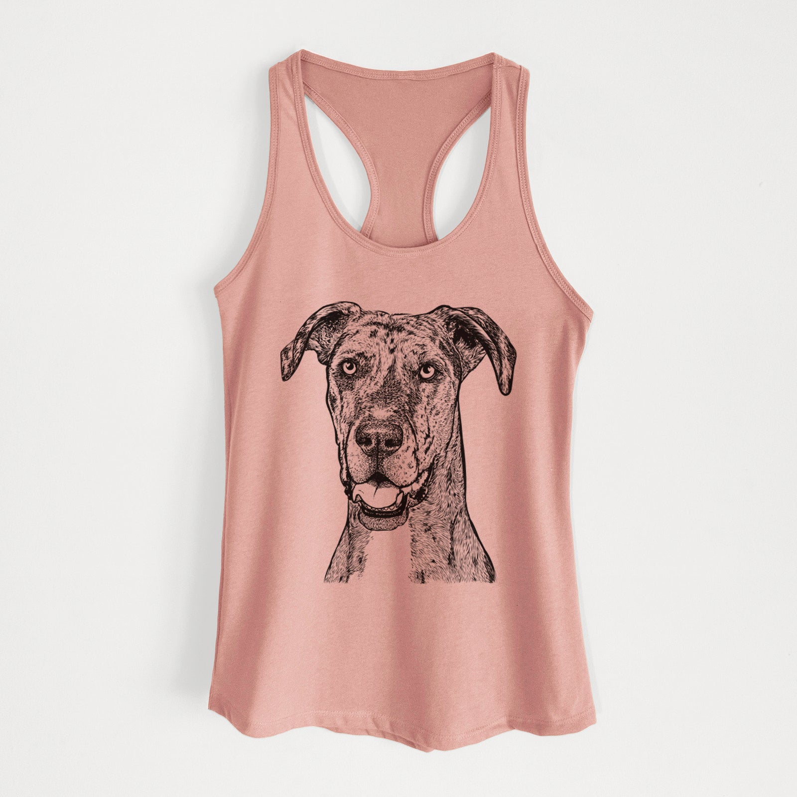 Hand-drawn sketch of Athena the Merle Great Dane on a Desert Pink Women's racerback tanktop