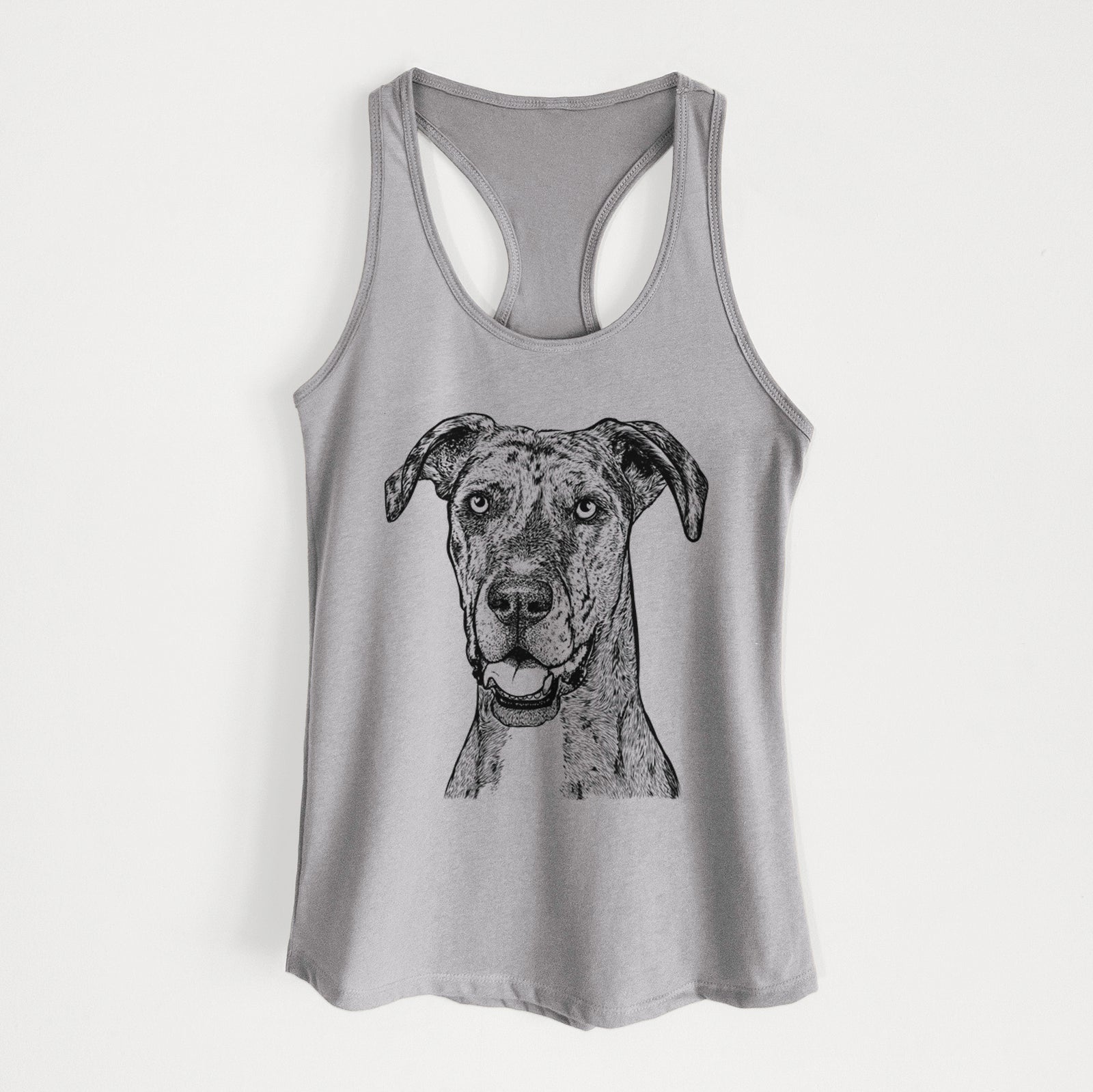 Hand-drawn sketch of Athena the Merle Great Dane on a Heather Grey Women's racerback tanktop