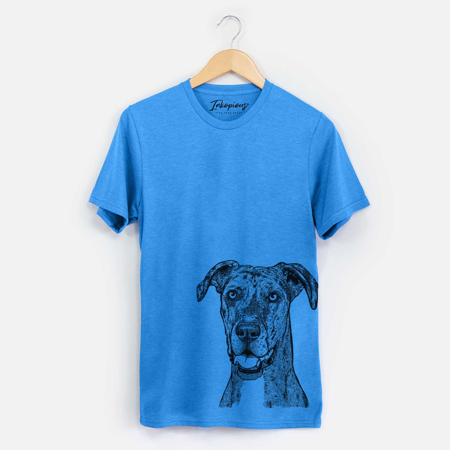 Hand-drawn sketch of Athena the Merle Great Dane on a Blue Unisex crewneck