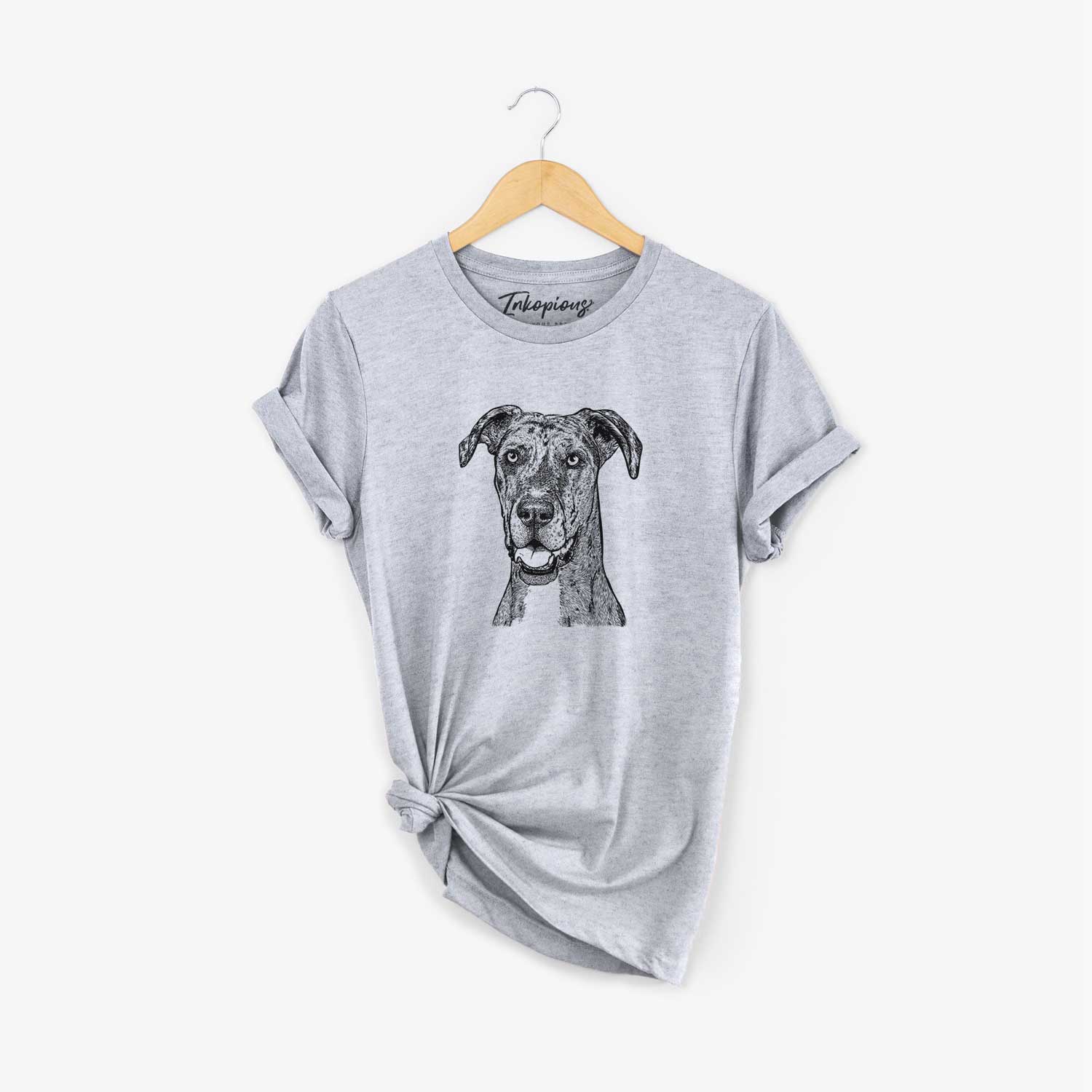 Hand-drawn sketch of Athena the Merle Great Dane on a Grey Unisex crewneck