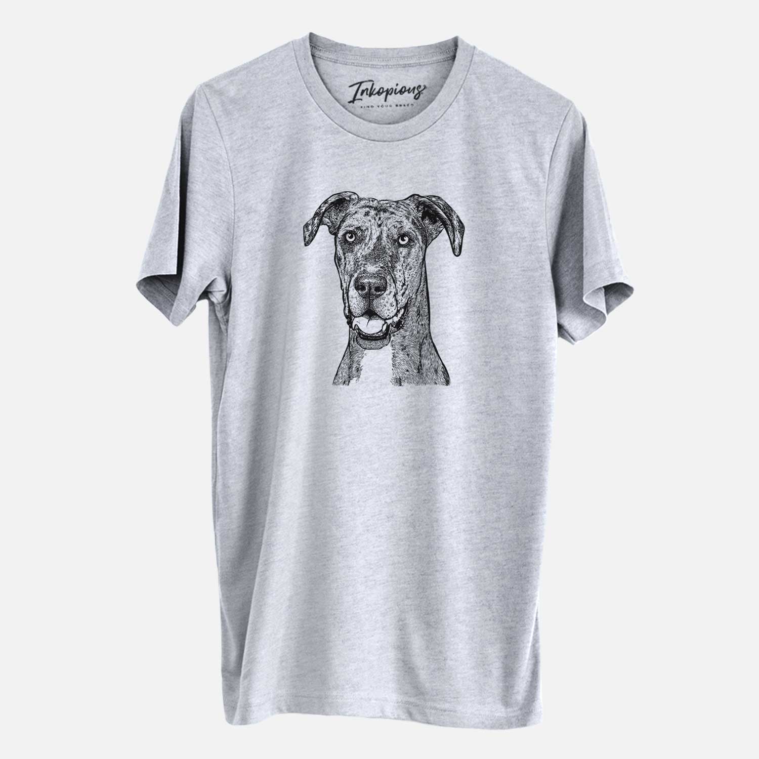Hand-drawn sketch of Athena the Merle Great Dane on a Grey Unisex crewneck