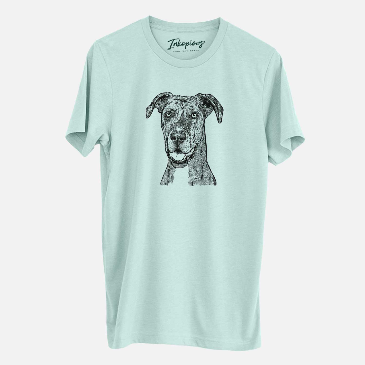 Hand-drawn sketch of Athena the Merle Great Dane on a Heather Sage Unisex crewneck