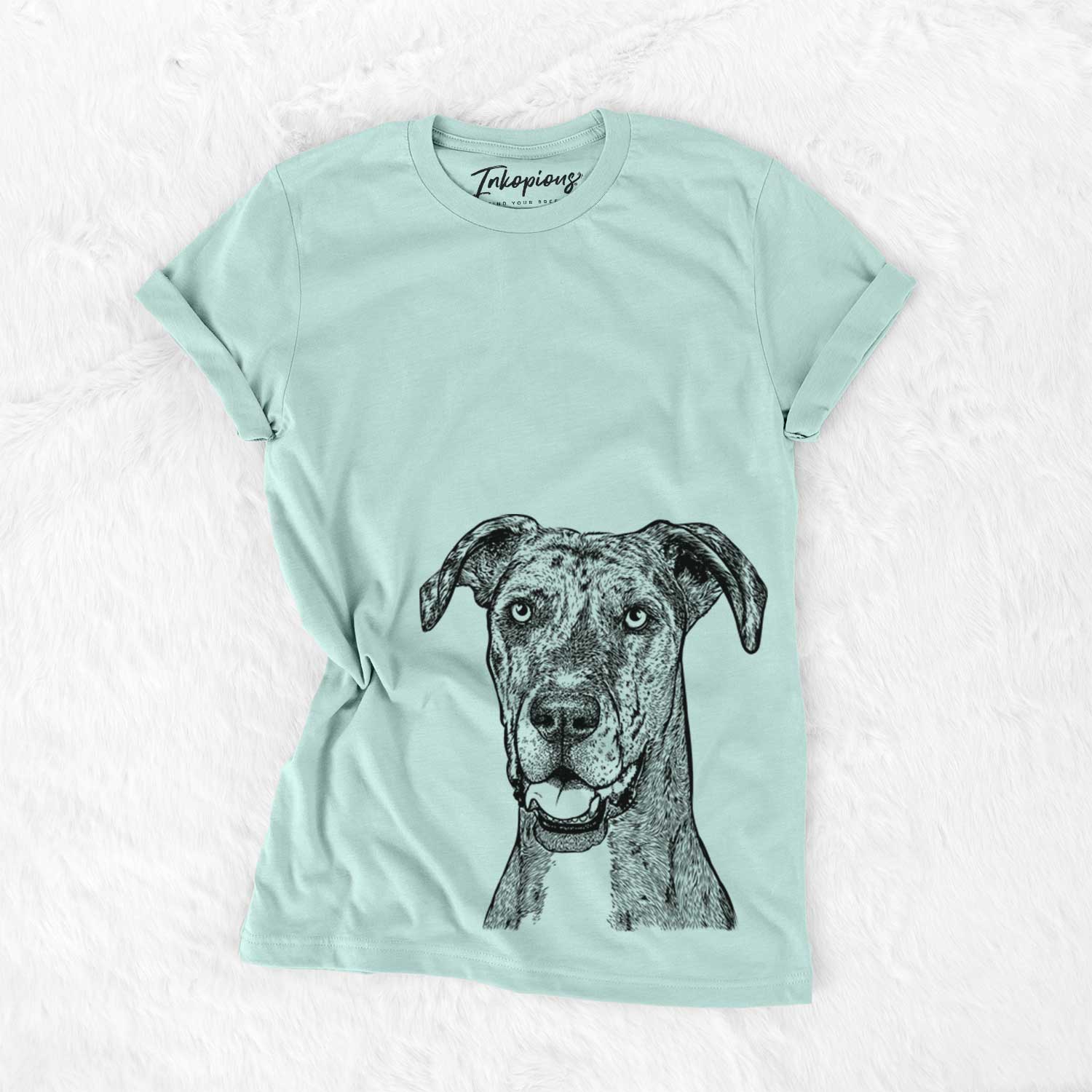 Hand-drawn sketch of Athena the Merle Great Dane on a Heather Sage Unisex crewneck