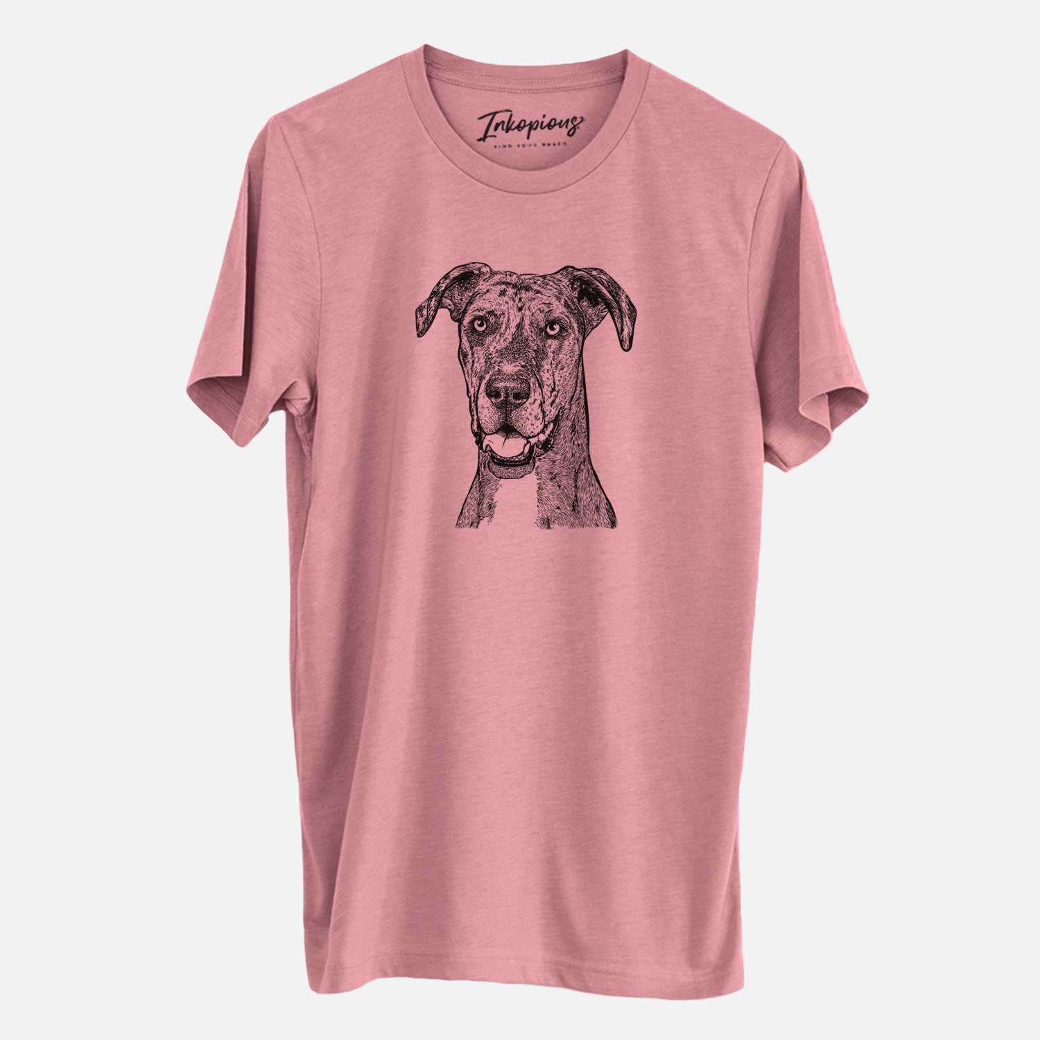 Hand-drawn sketch of Athena the Merle Great Dane on a Mauve Unisex crewneck