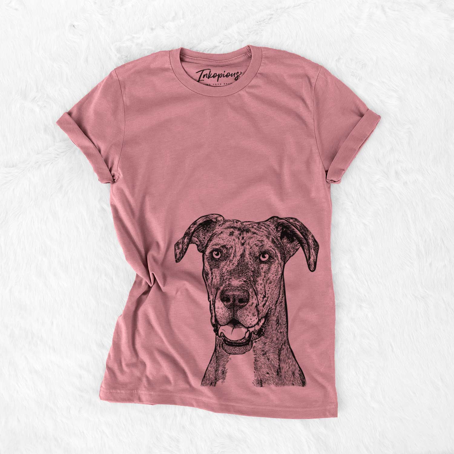 Hand-drawn sketch of Athena the Merle Great Dane on a Mauve Unisex crewneck