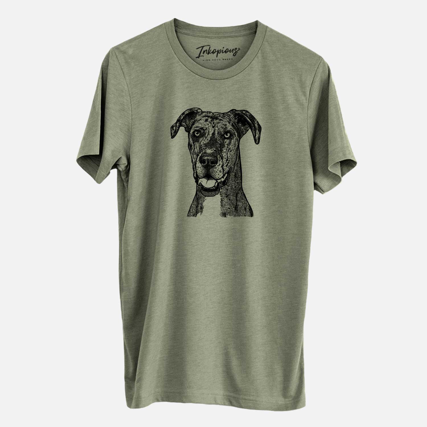 Hand-drawn sketch of Athena the Merle Great Dane on an Olive Unisex crewneck