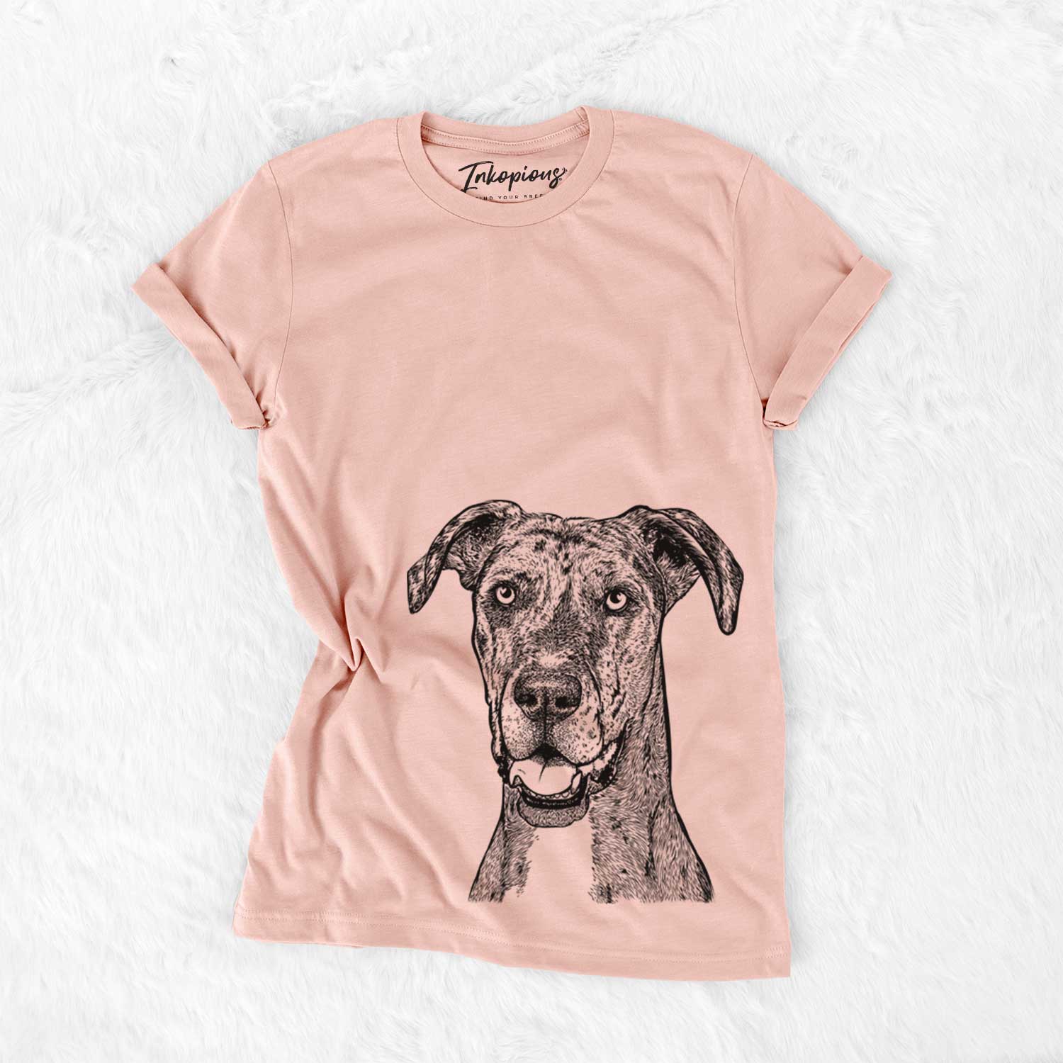 Hand-drawn sketch of Athena the Merle Great Dane on a Peach Bella Canvas Unisex Crewneck